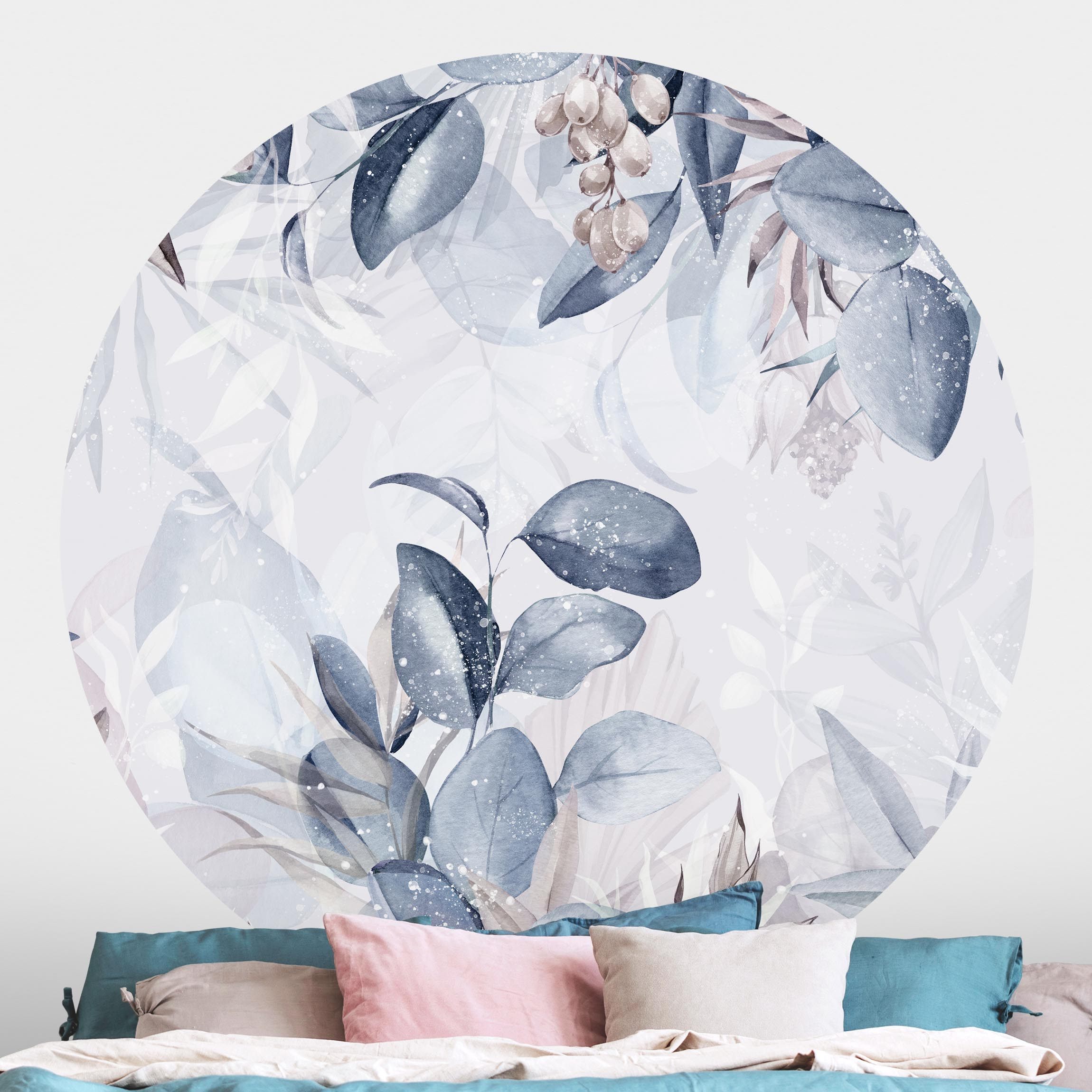 Runde Tapete selbstklebend Botanik in Pastell Blau & Beige