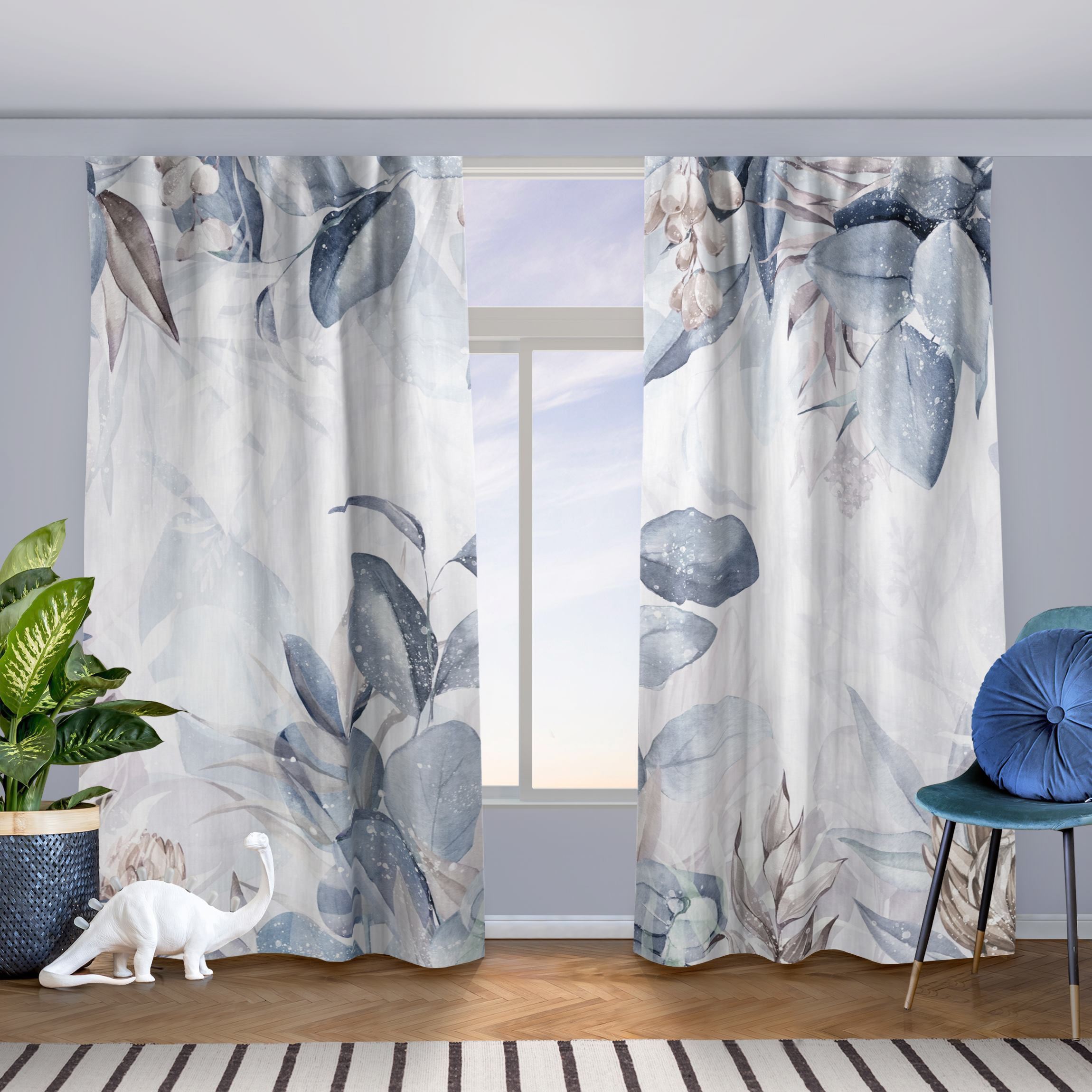 Vorhang Botanik in Pastell Blau & Beige