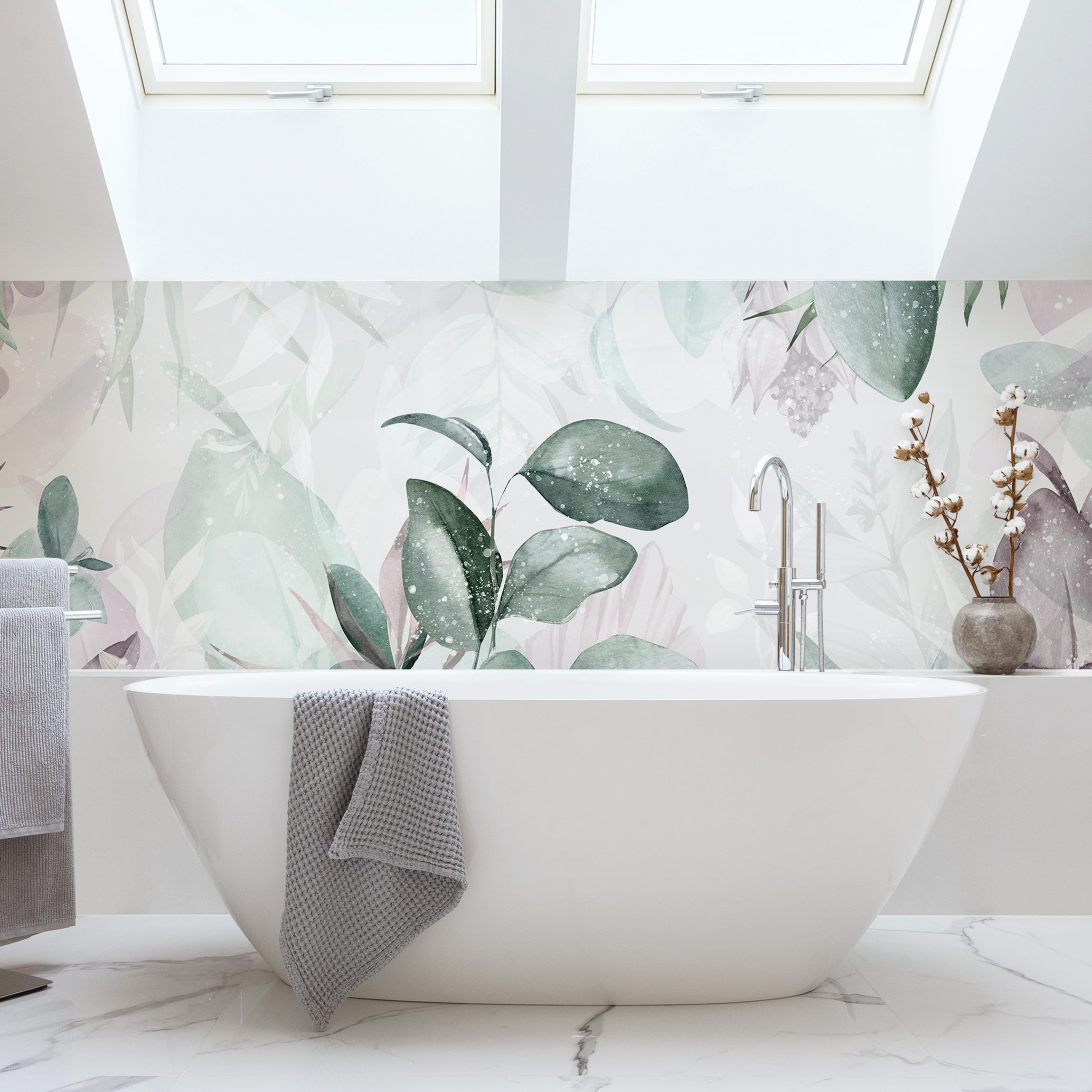 Wandverkleidung Bad Botanik in Pastell Grün & Rosa