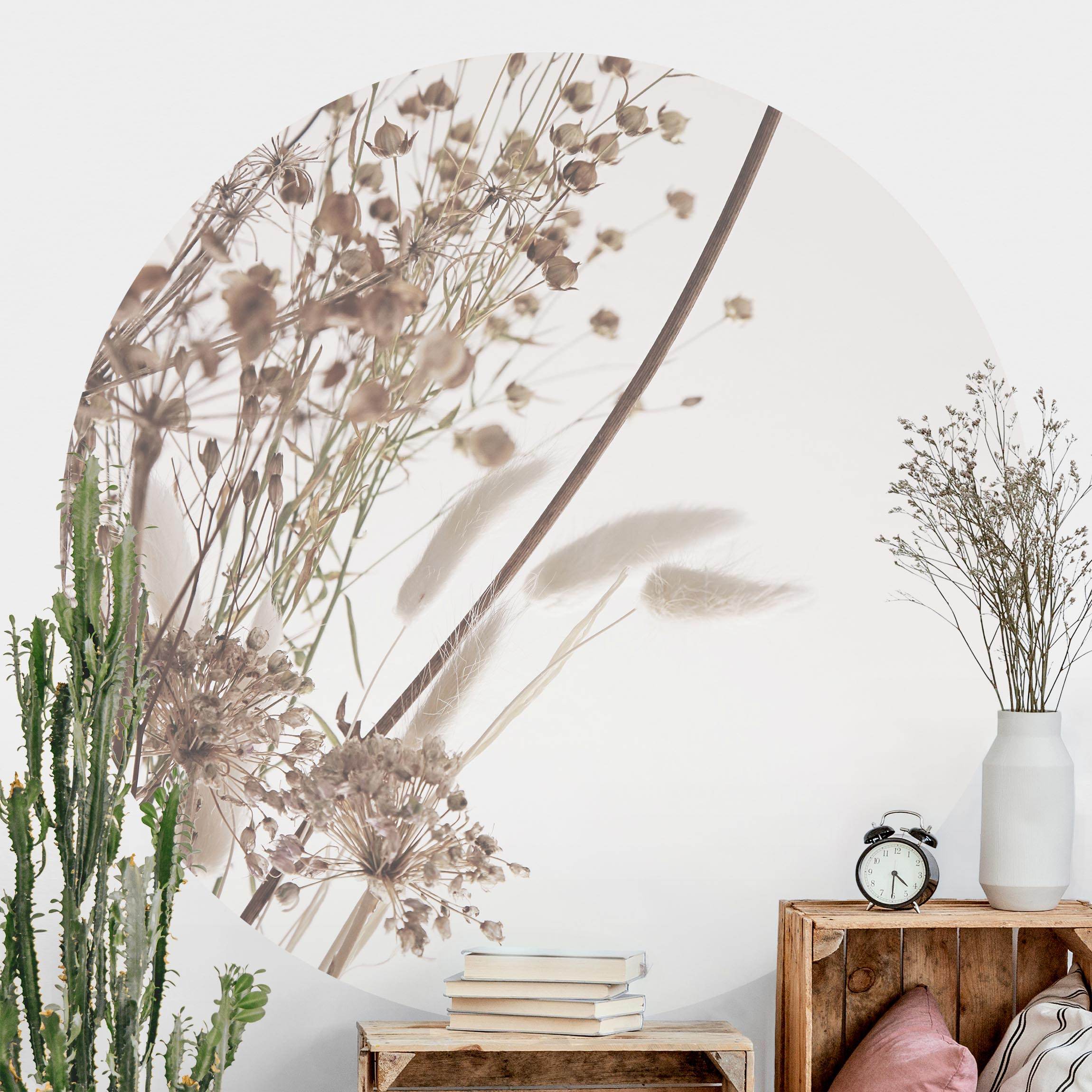 Runde Fototapete Bouquet aus Ziergras und Blüten