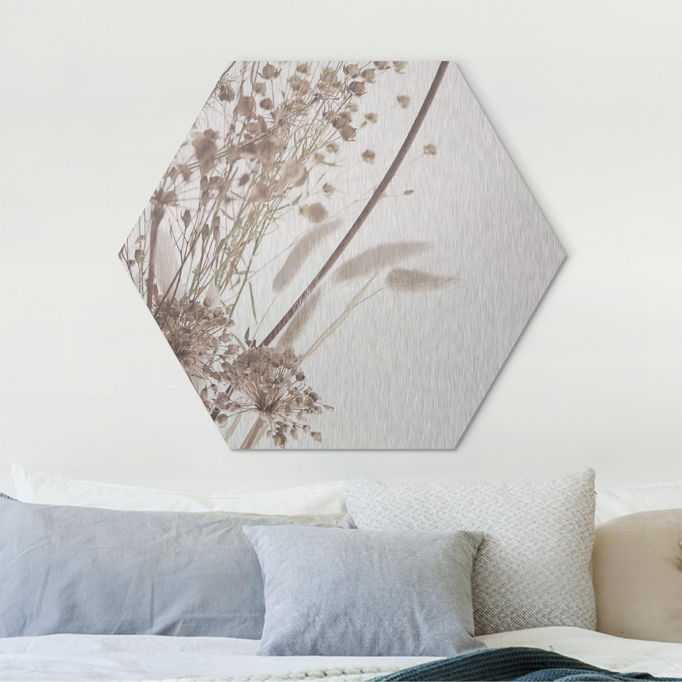 Hexagon-Alu-Dibond Bild Bouquet aus Ziergras und Blüten