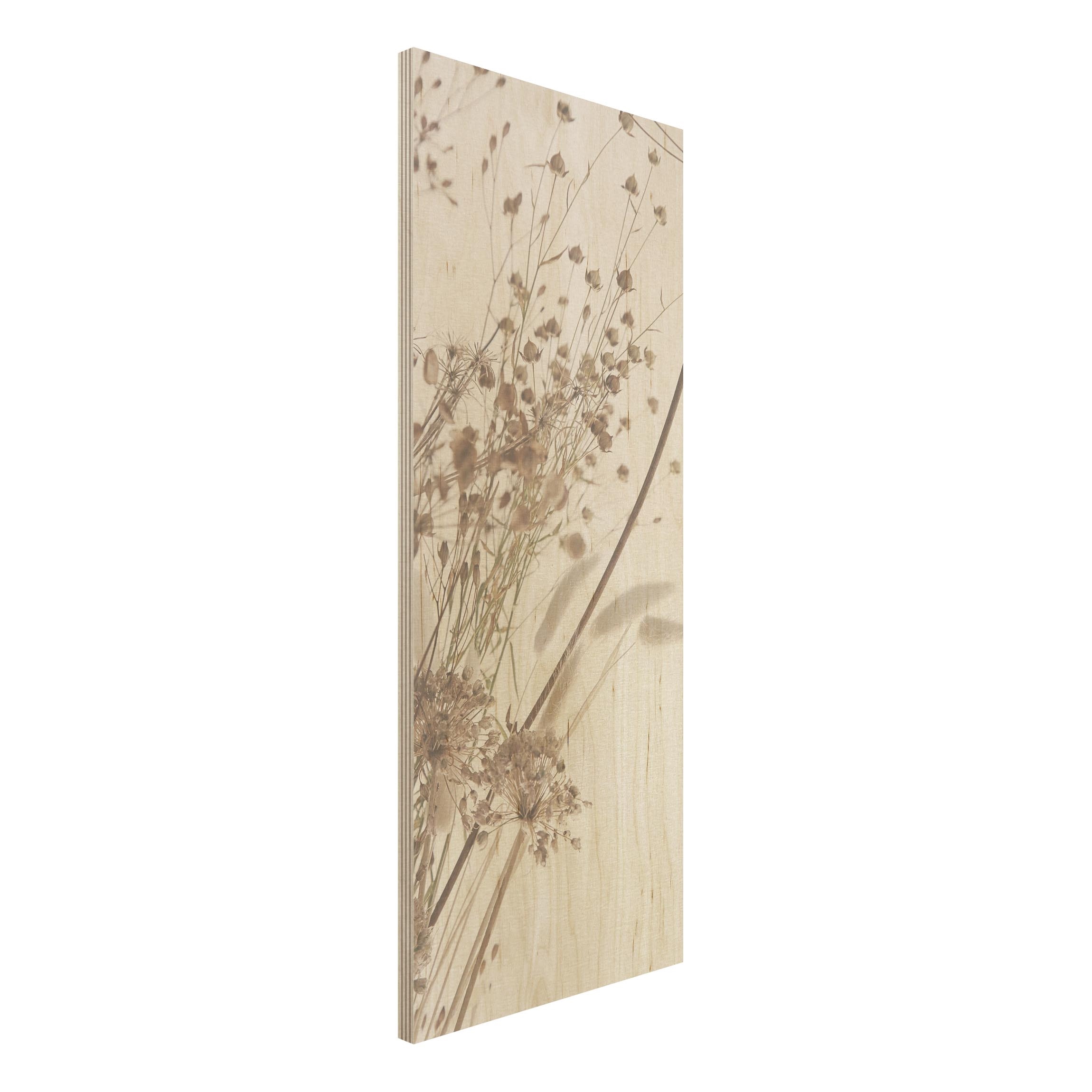 Holzbild Bouquet aus Ziergras und Blüten