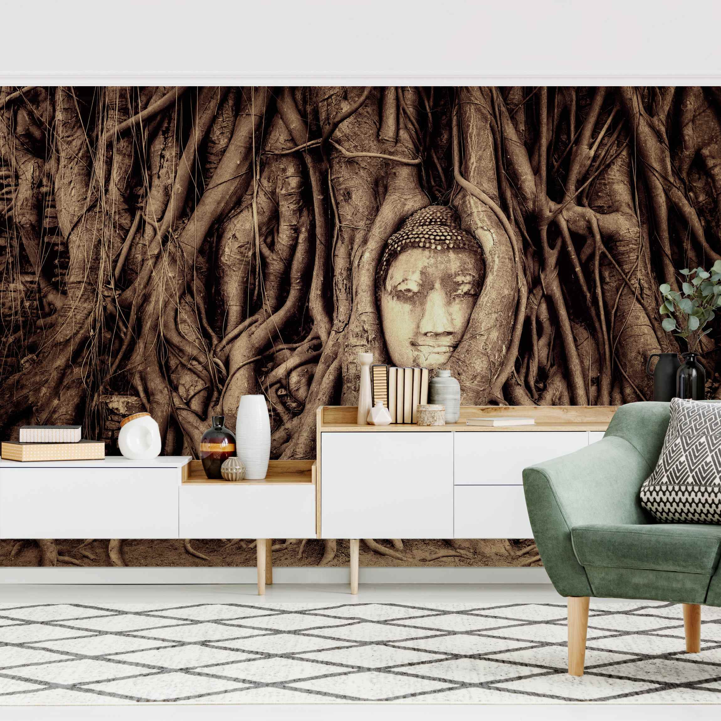 Fototapete Buddha in Ayutthaya von Baumwurzeln gesäumt in Braun