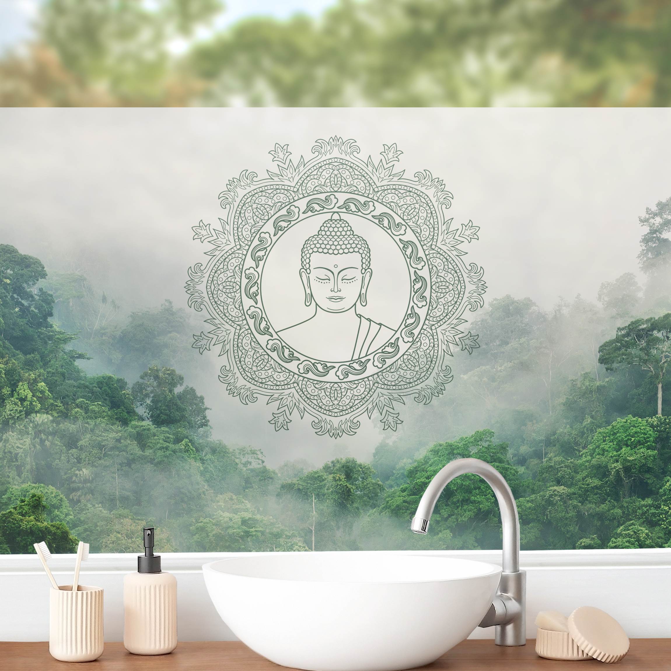 Fensterfolie Buddha Mandala im Nebel