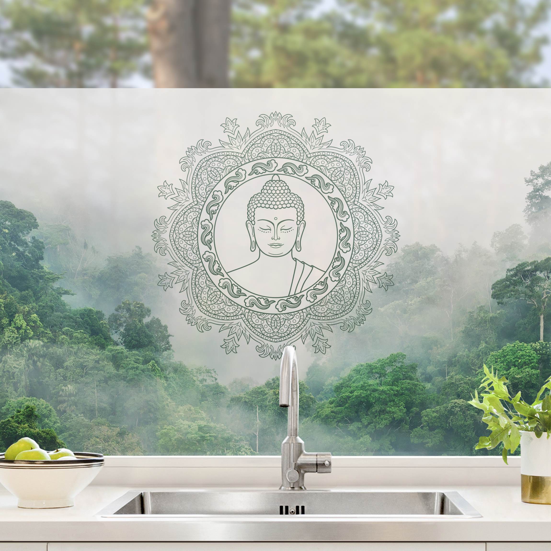 Fensterfolie Buddha Mandala im Nebel