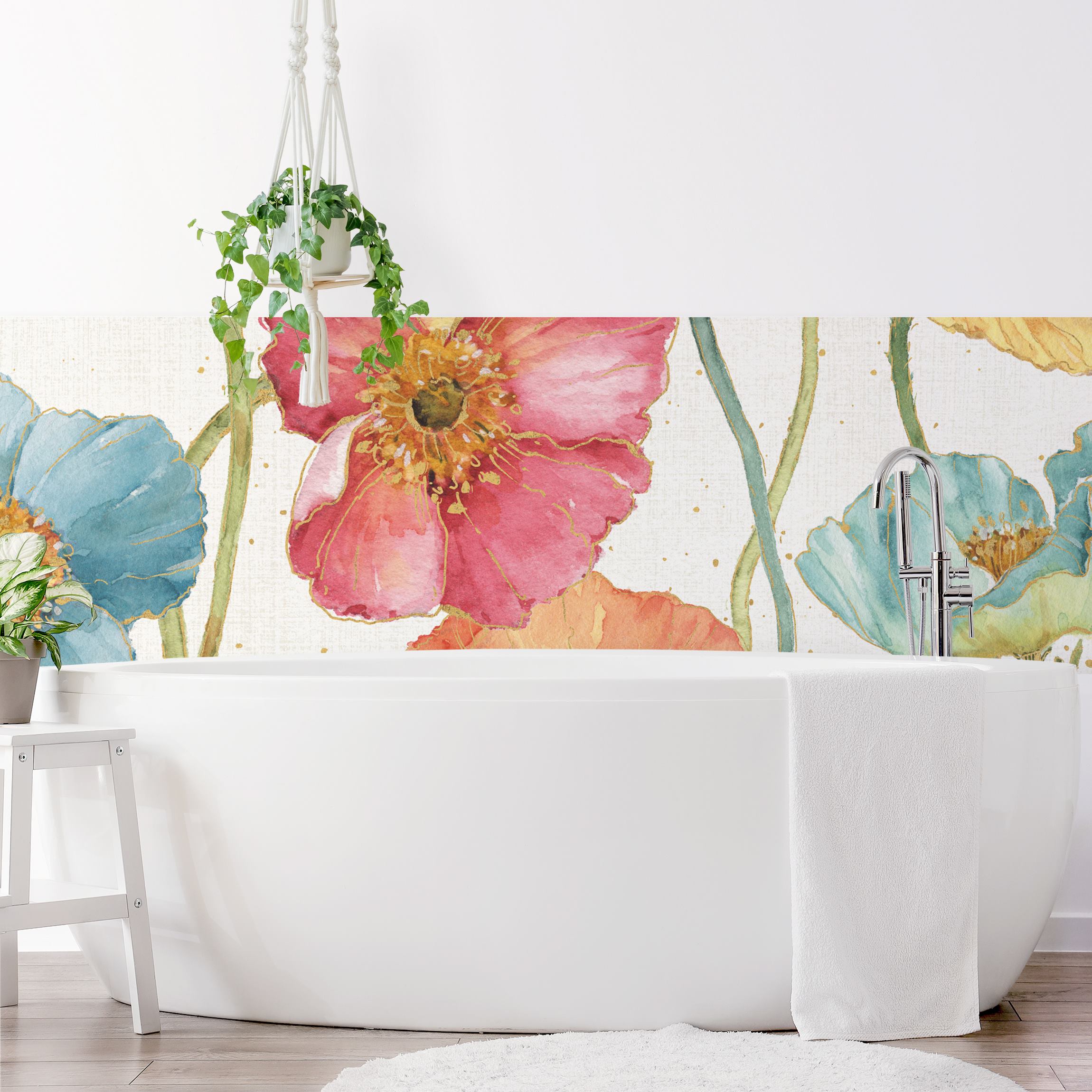 Wandverkleidung Bad Bunte Blüten mit Gold