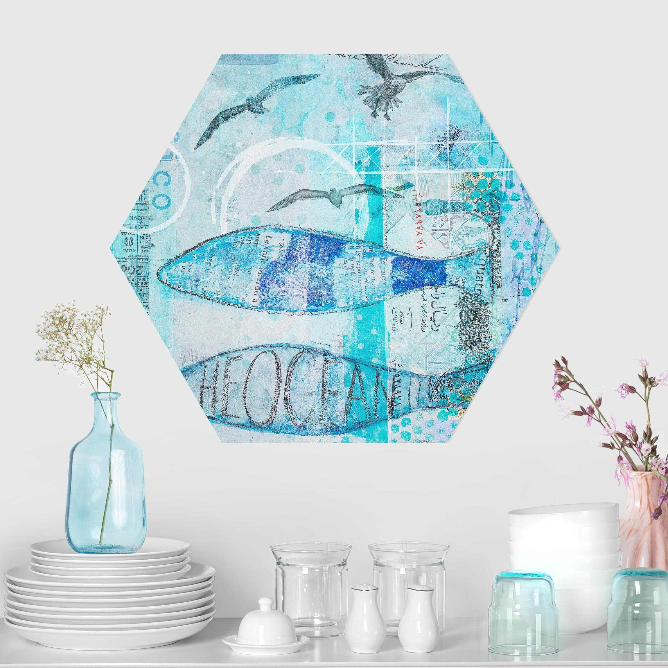 Hexagon-Forexbild Bunte Collage - Blaue Fische