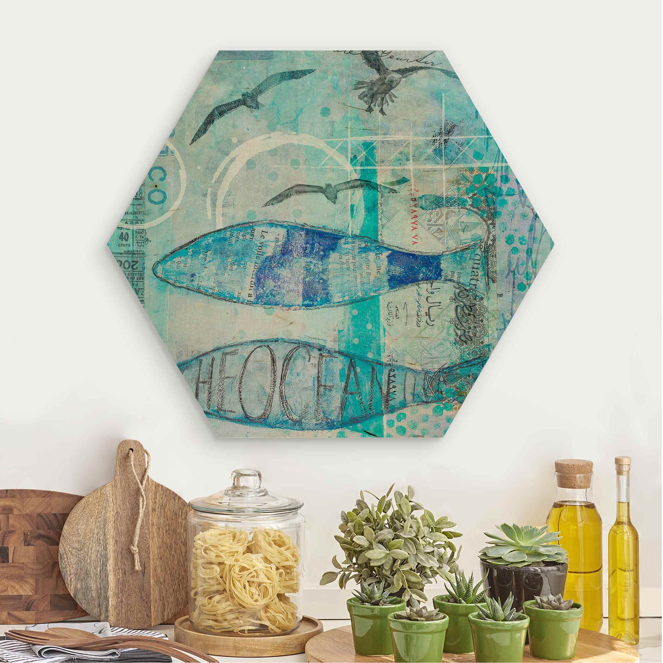Hexagon-Holzbild Bunte Collage - Blaue Fische