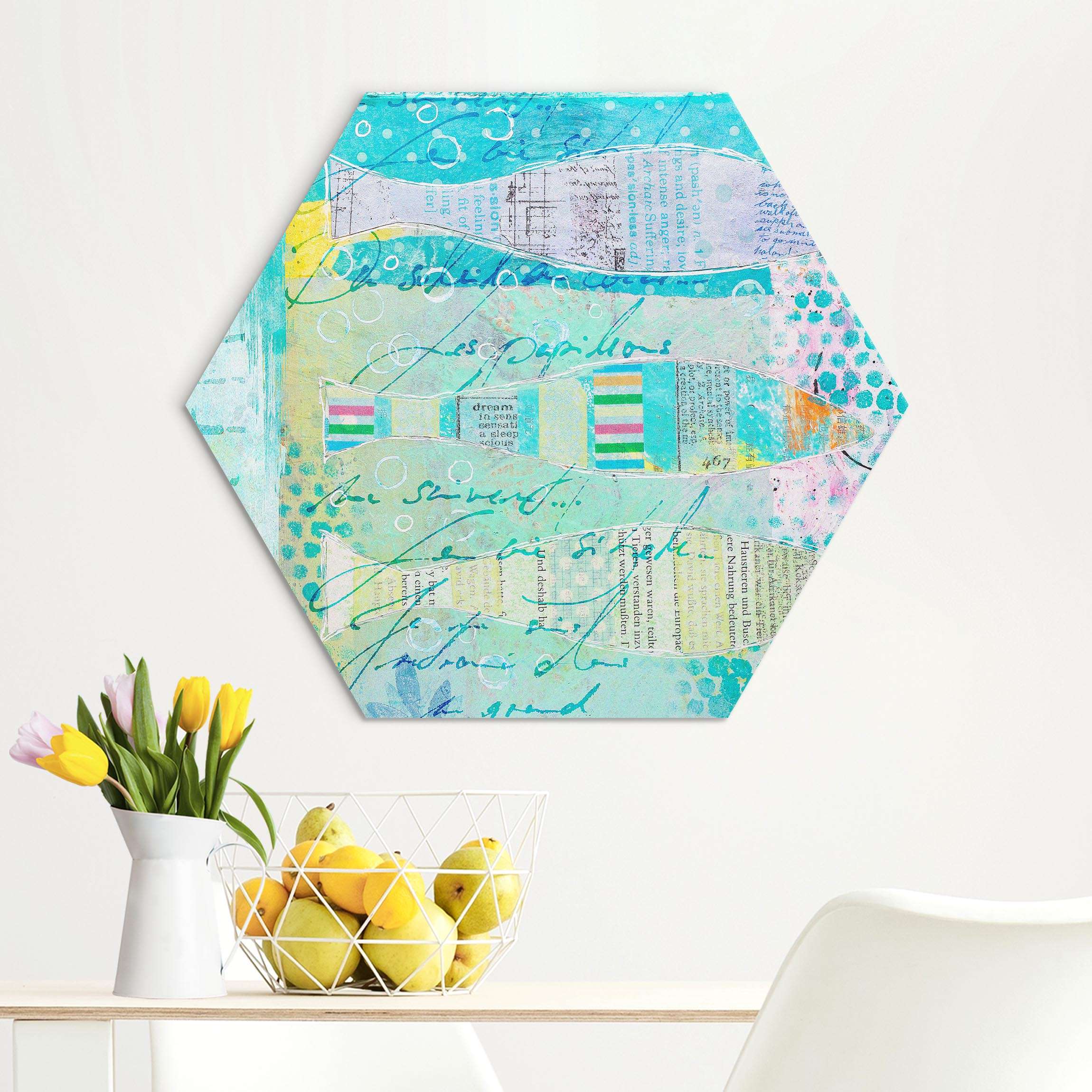 Hexagon-Alu-Dibond Bild Bunte Collage - Fische und Punkte