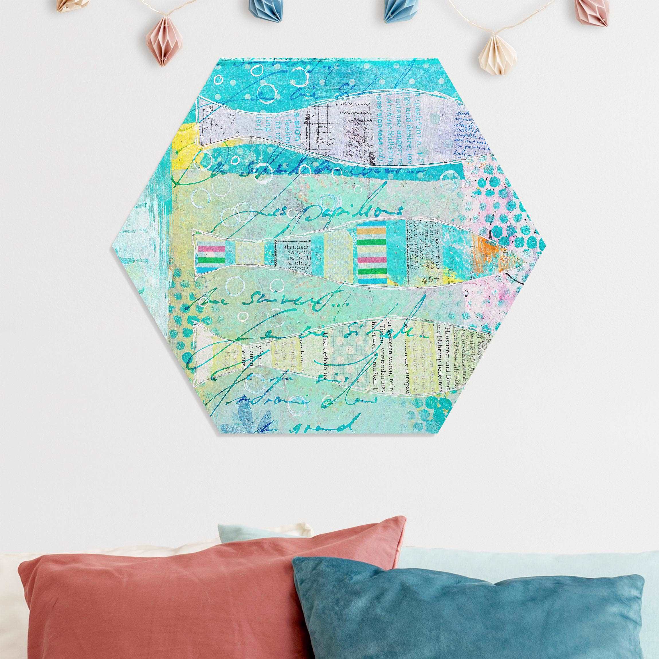 Hexagon-Forexbild Bunte Collage - Fische und Punkte