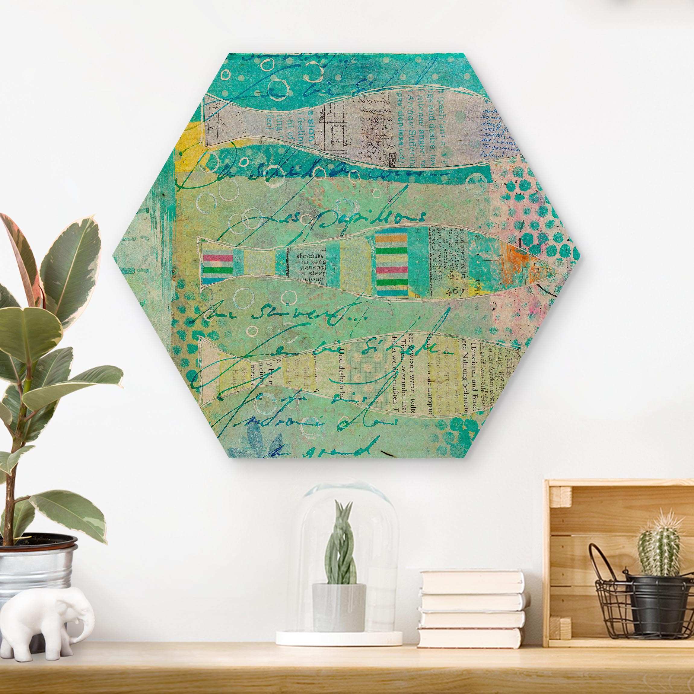 Hexagon-Holzbild Bunte Collage - Fische und Punkte