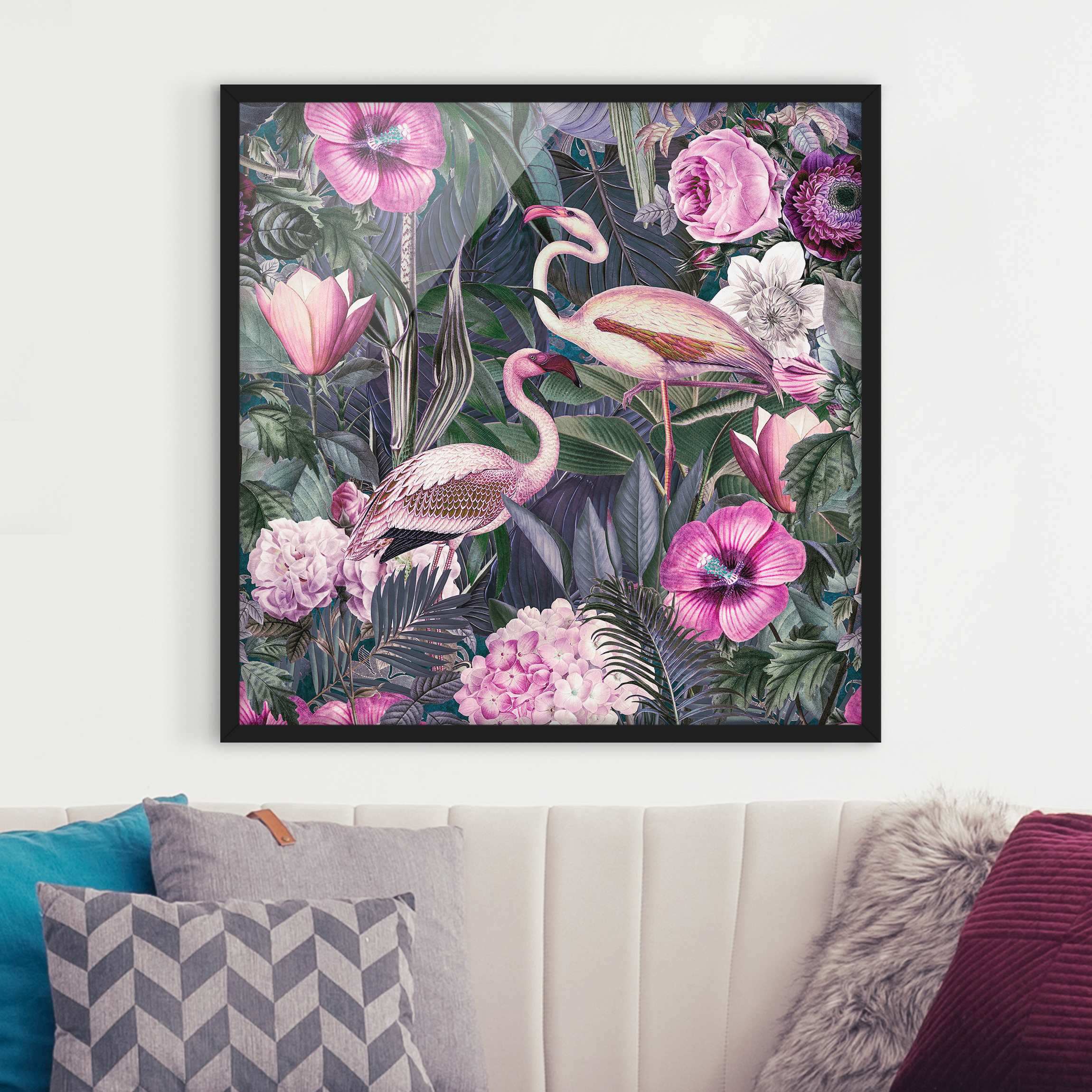 Bild mit Rahmen Bunte Collage - Pinke Flamingos im Dschungel