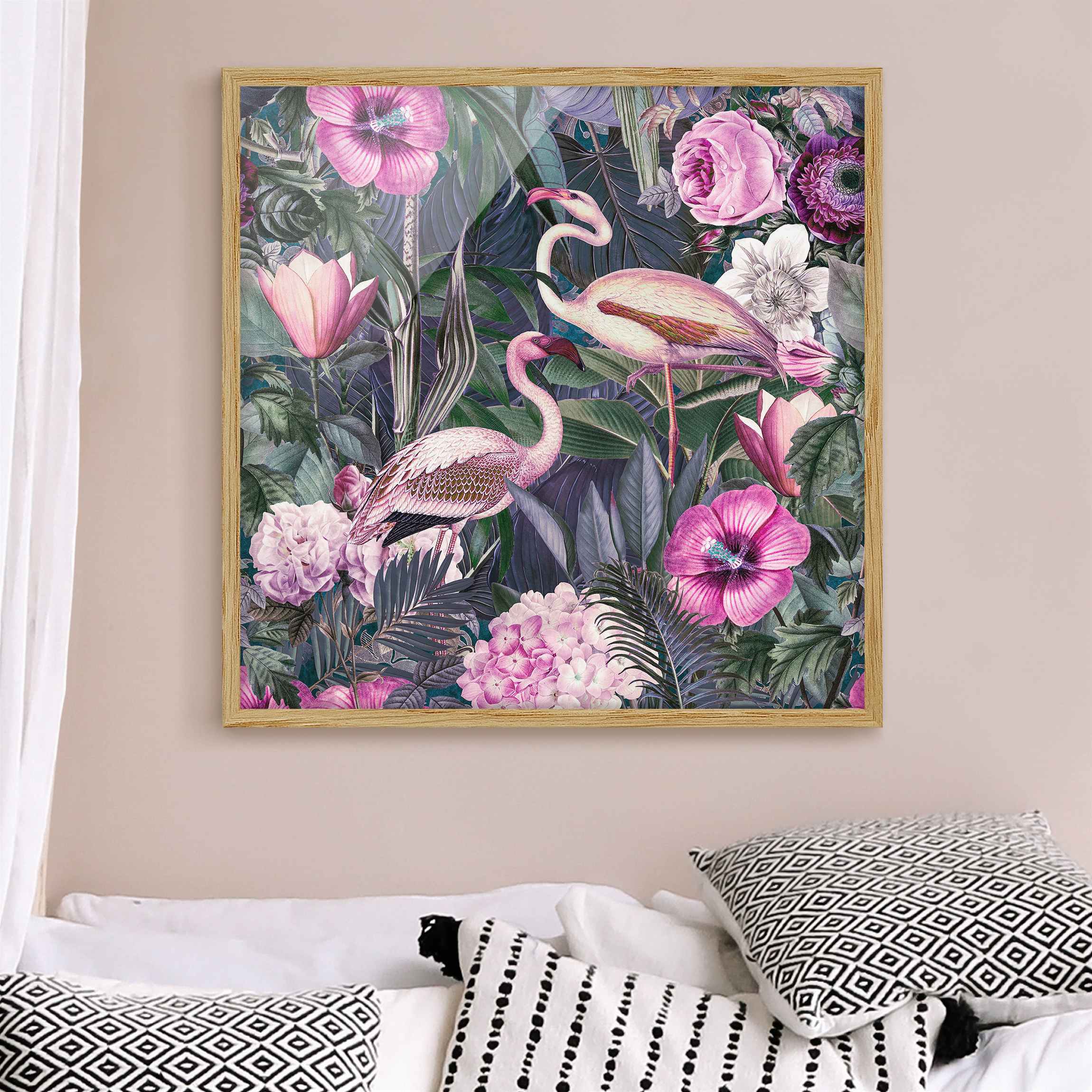 Bild mit Rahmen Bunte Collage - Pinke Flamingos im Dschungel