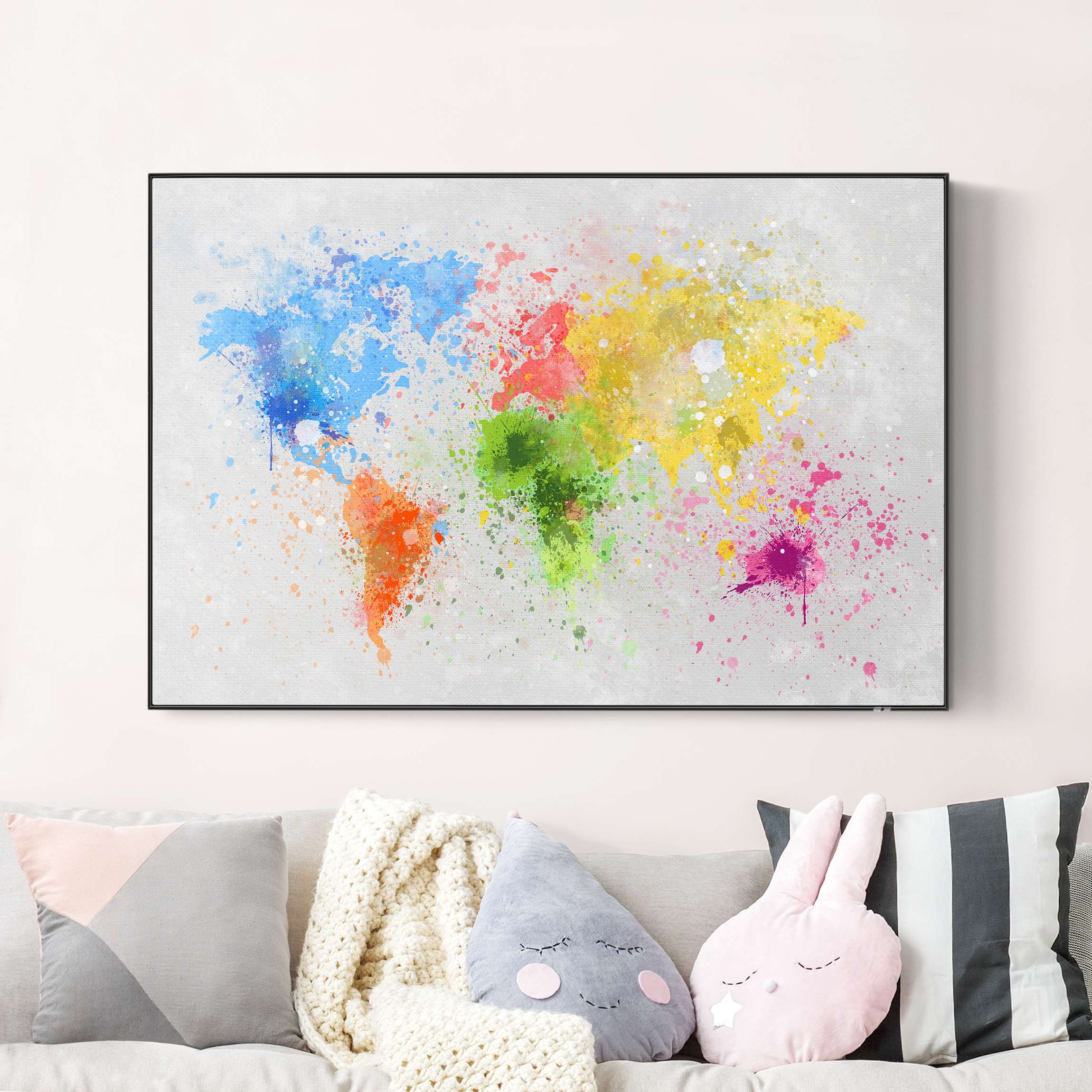 Akustik-Wechselbild Bunte Farbspritzer Weltkarte