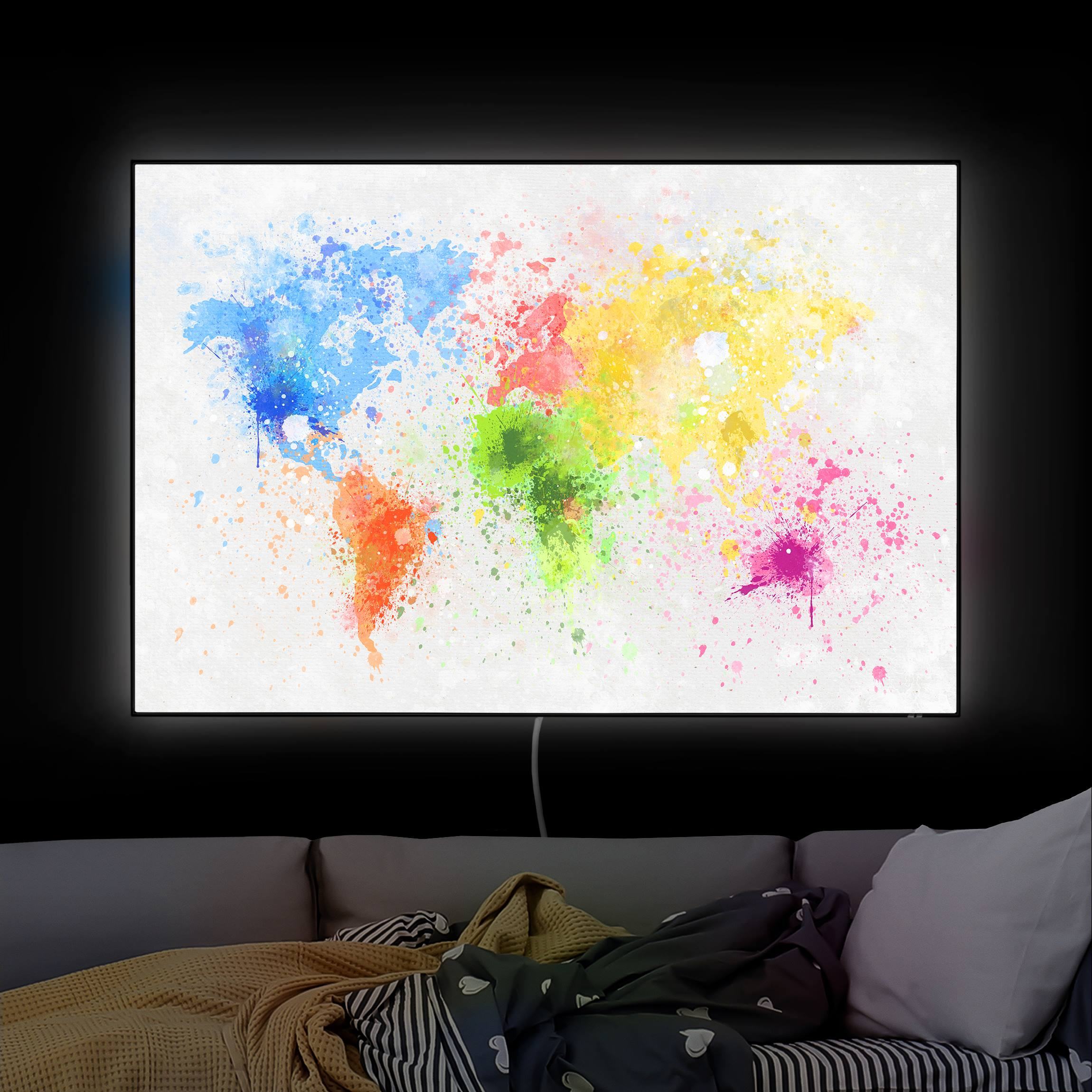LED-Wechselbild Bunte Farbspritzer Weltkarte