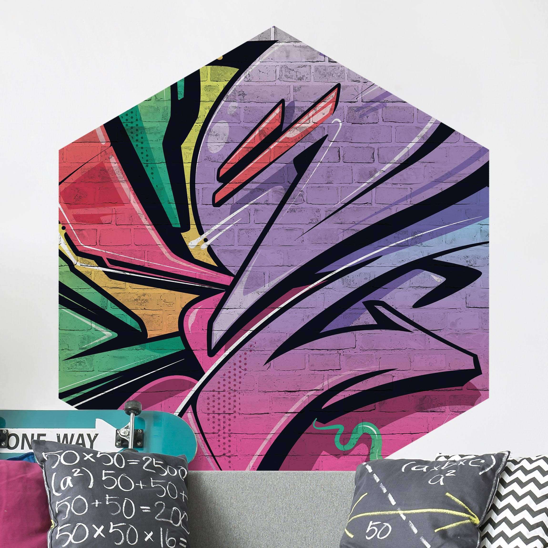 Hexagon Mustertapete selbstklebend Bunte Graffiti Backsteinwand
