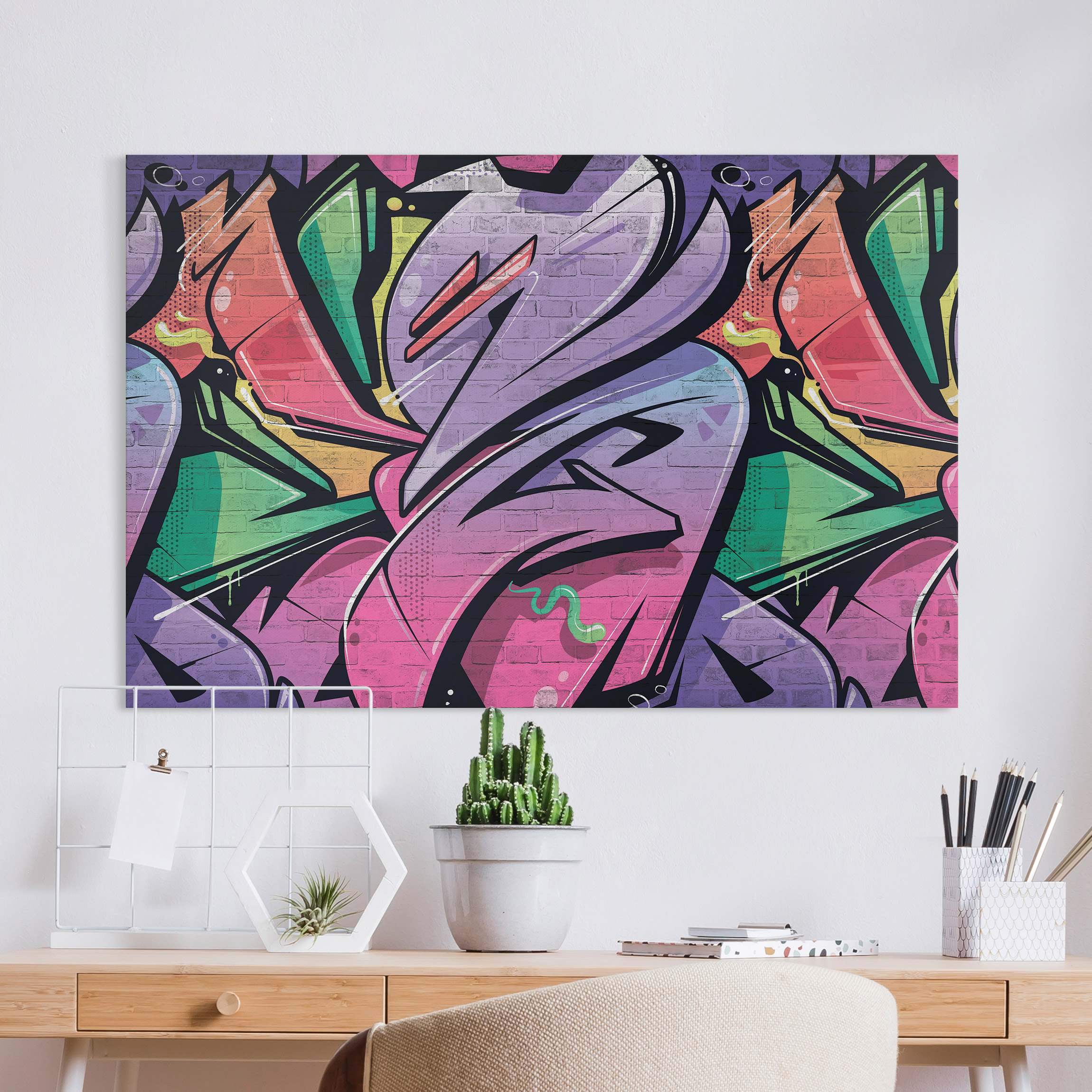 Leinwandbild Bunte Graffiti Backsteinwand