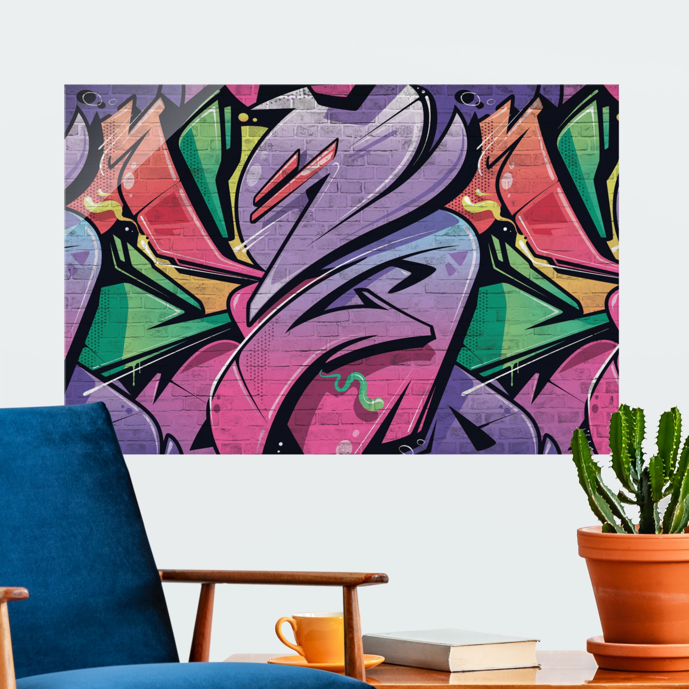 Glasbild Bunte Graffiti Backsteinwand