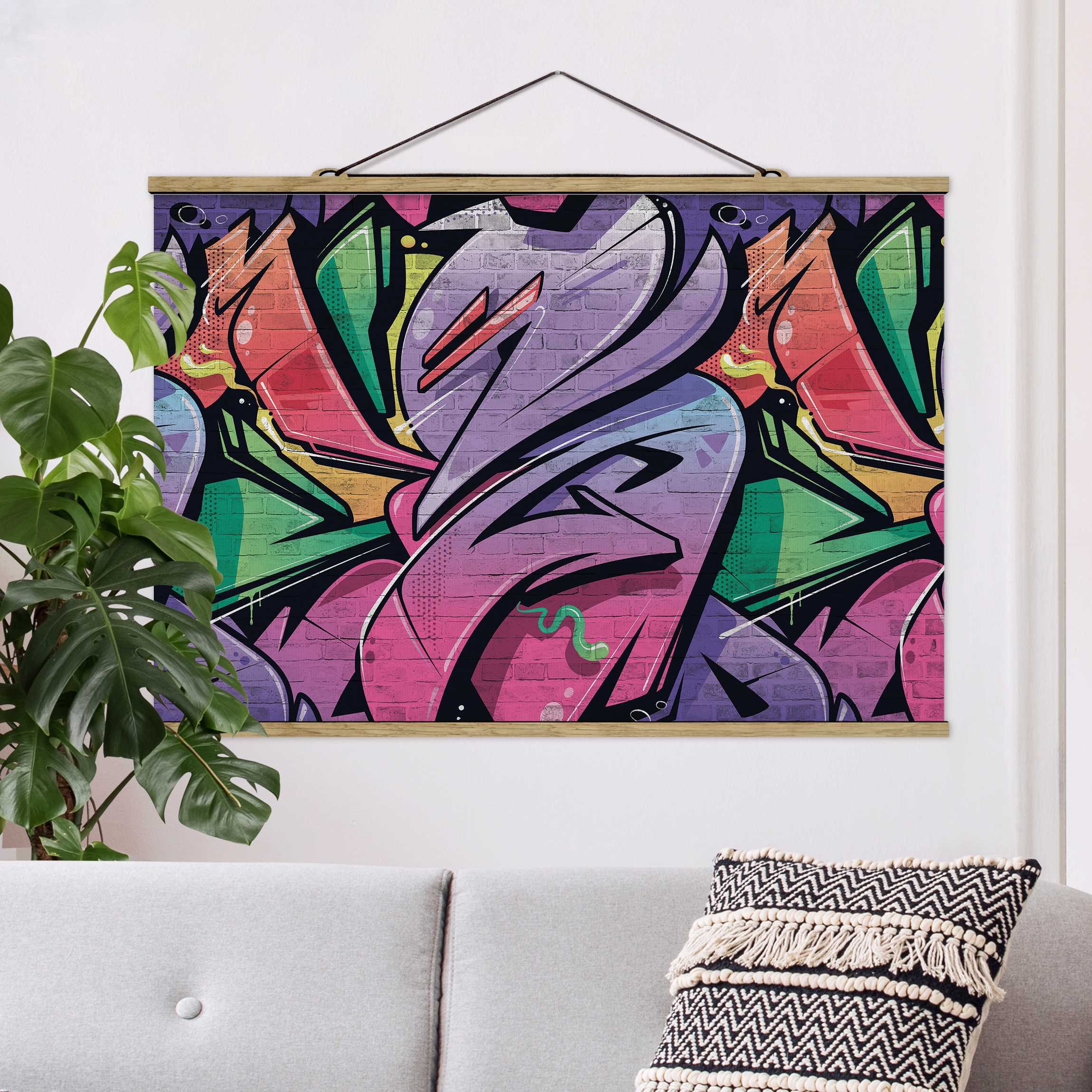 Stoffbild Bunte Graffiti Backsteinwand