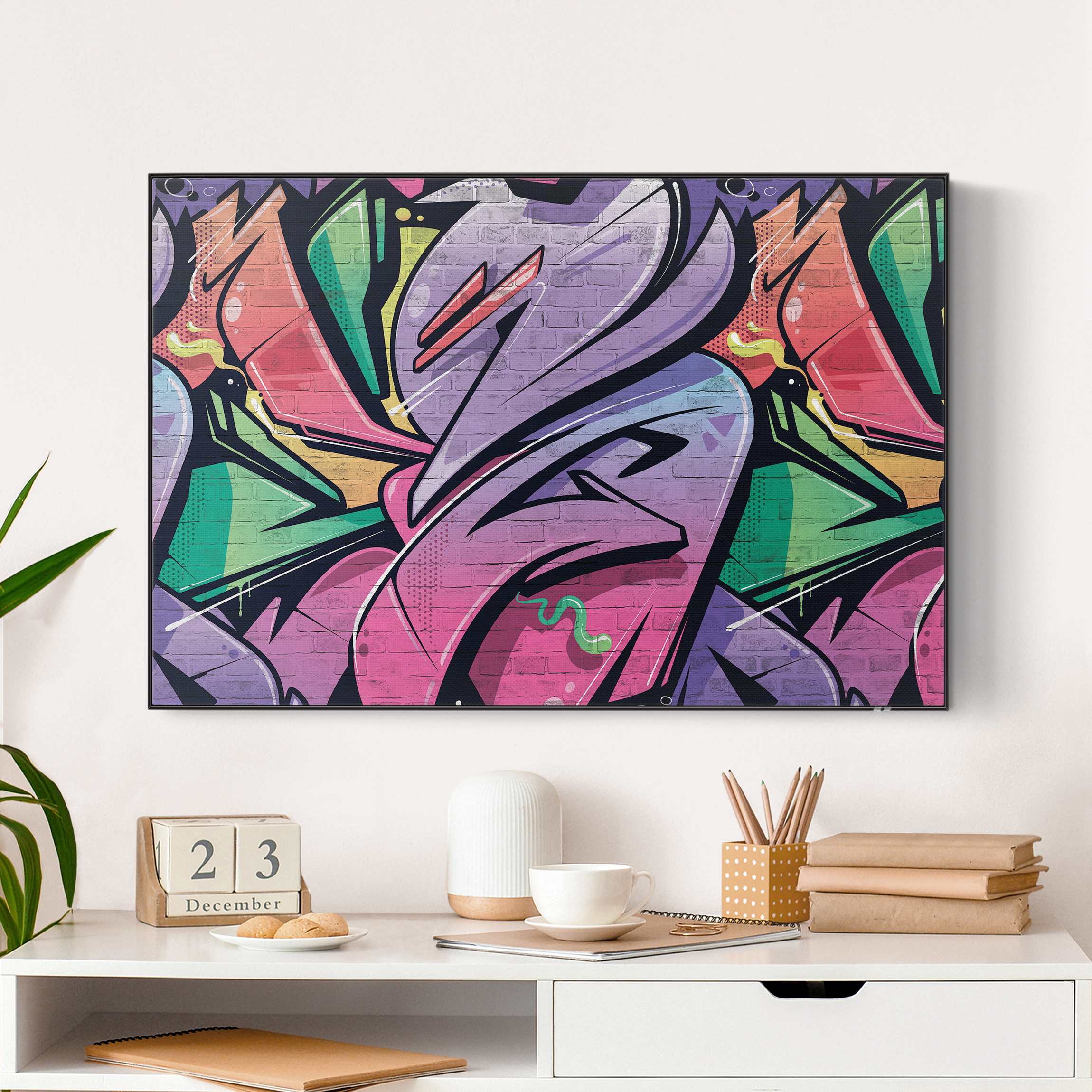 Akustik-Wechselbild Bunte Graffiti Backsteinwand