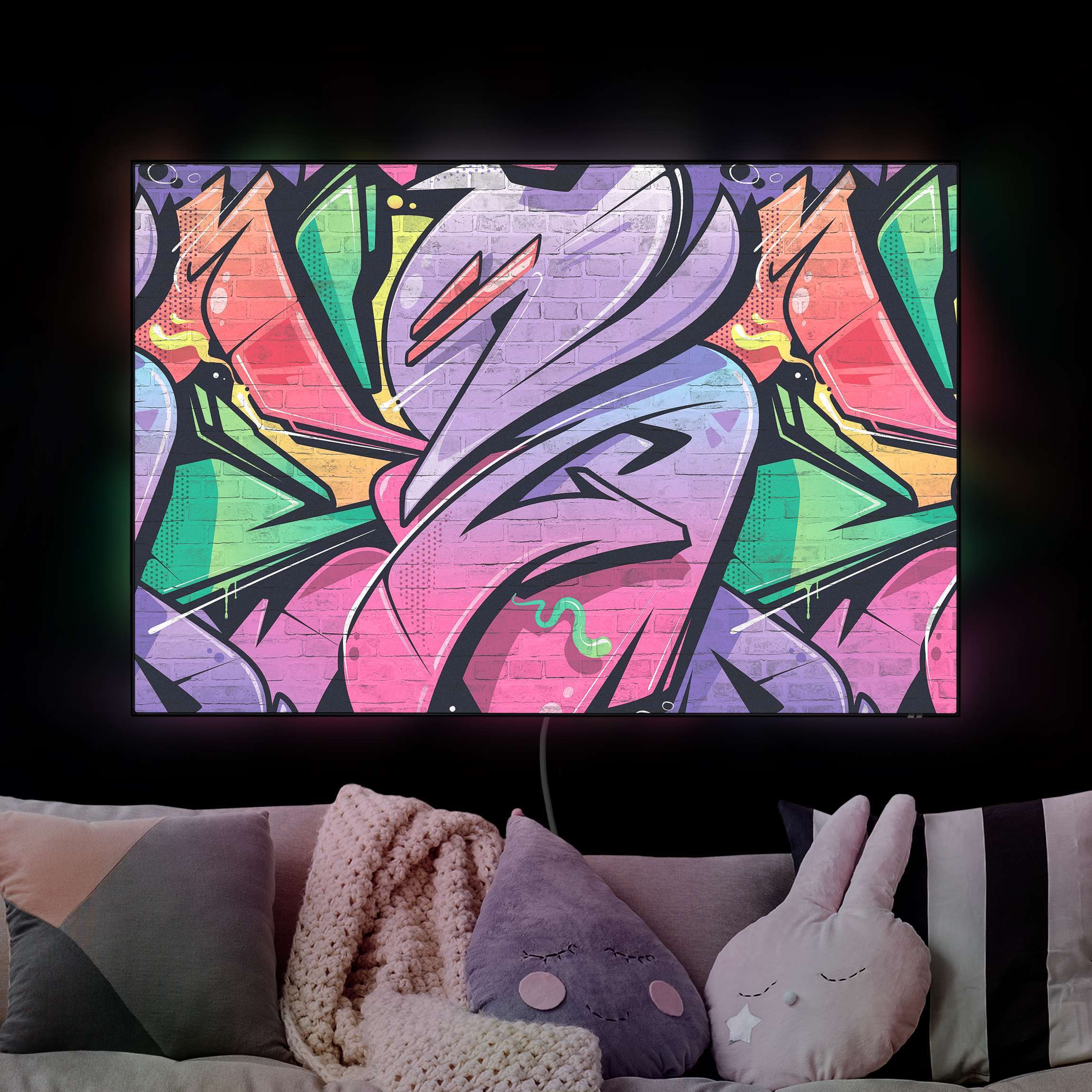 LED-Wechselbild Bunte Graffiti Backsteinwand