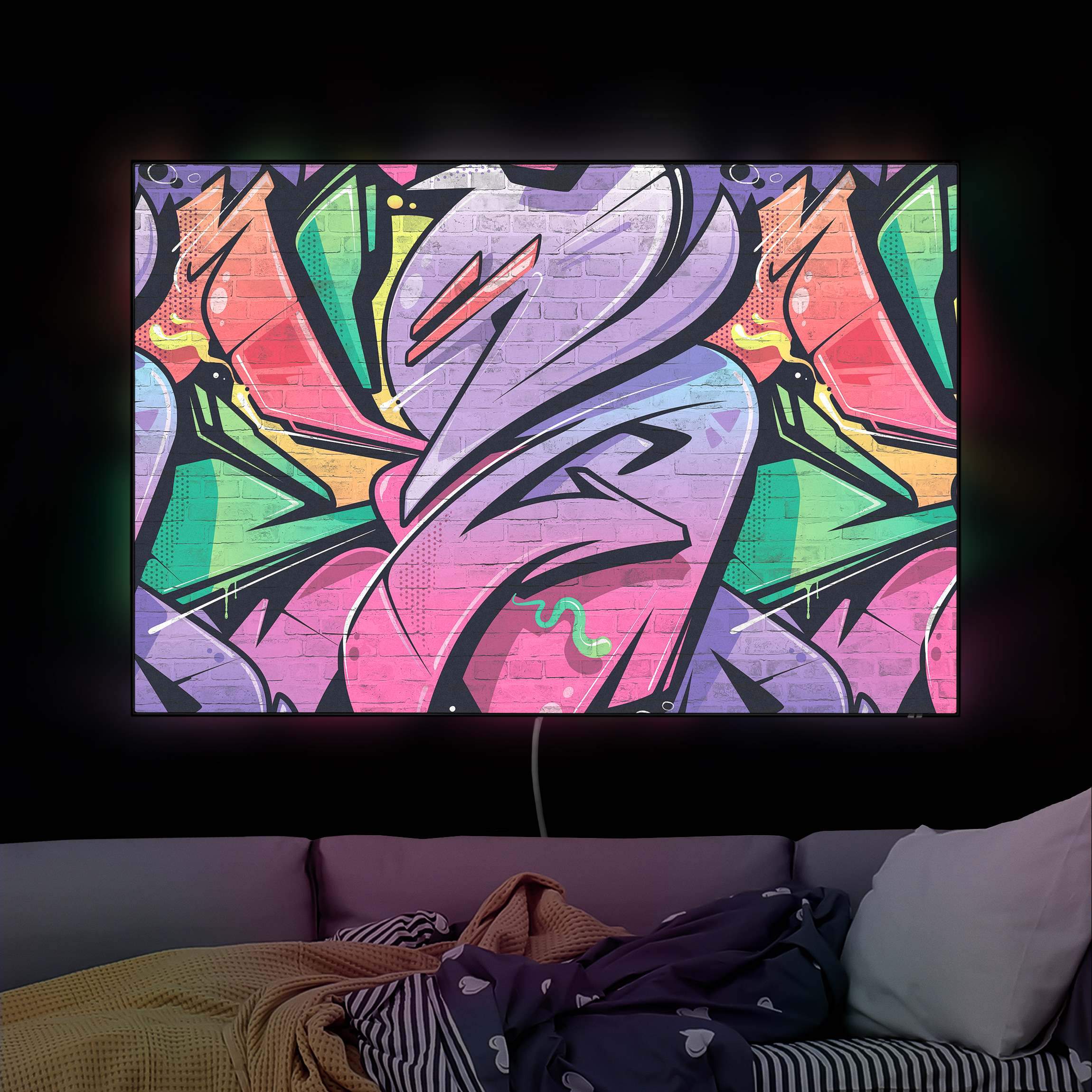 LED-Wechselbild Bunte Graffiti Backsteinwand