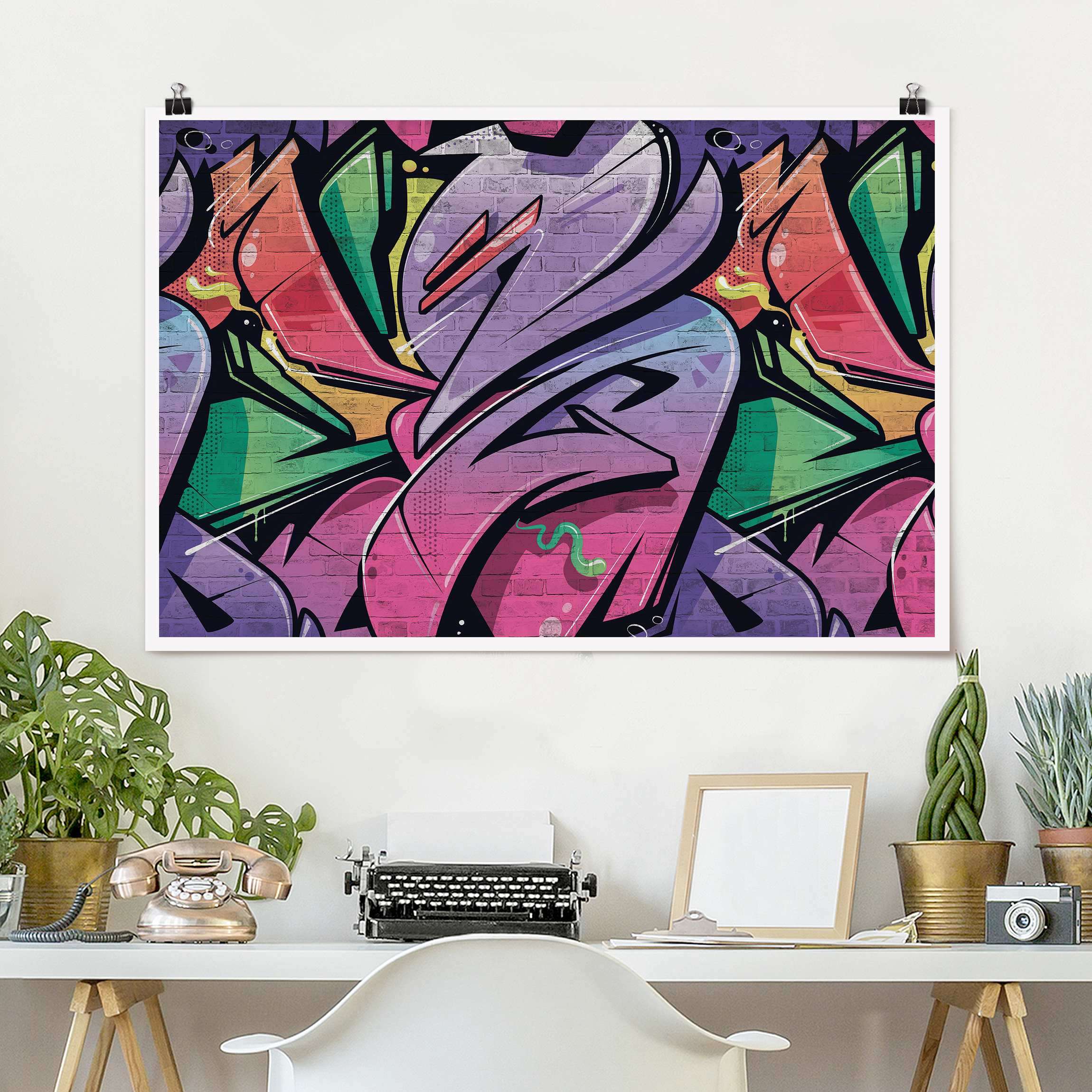 Poster Bunte Graffiti Backsteinwand
