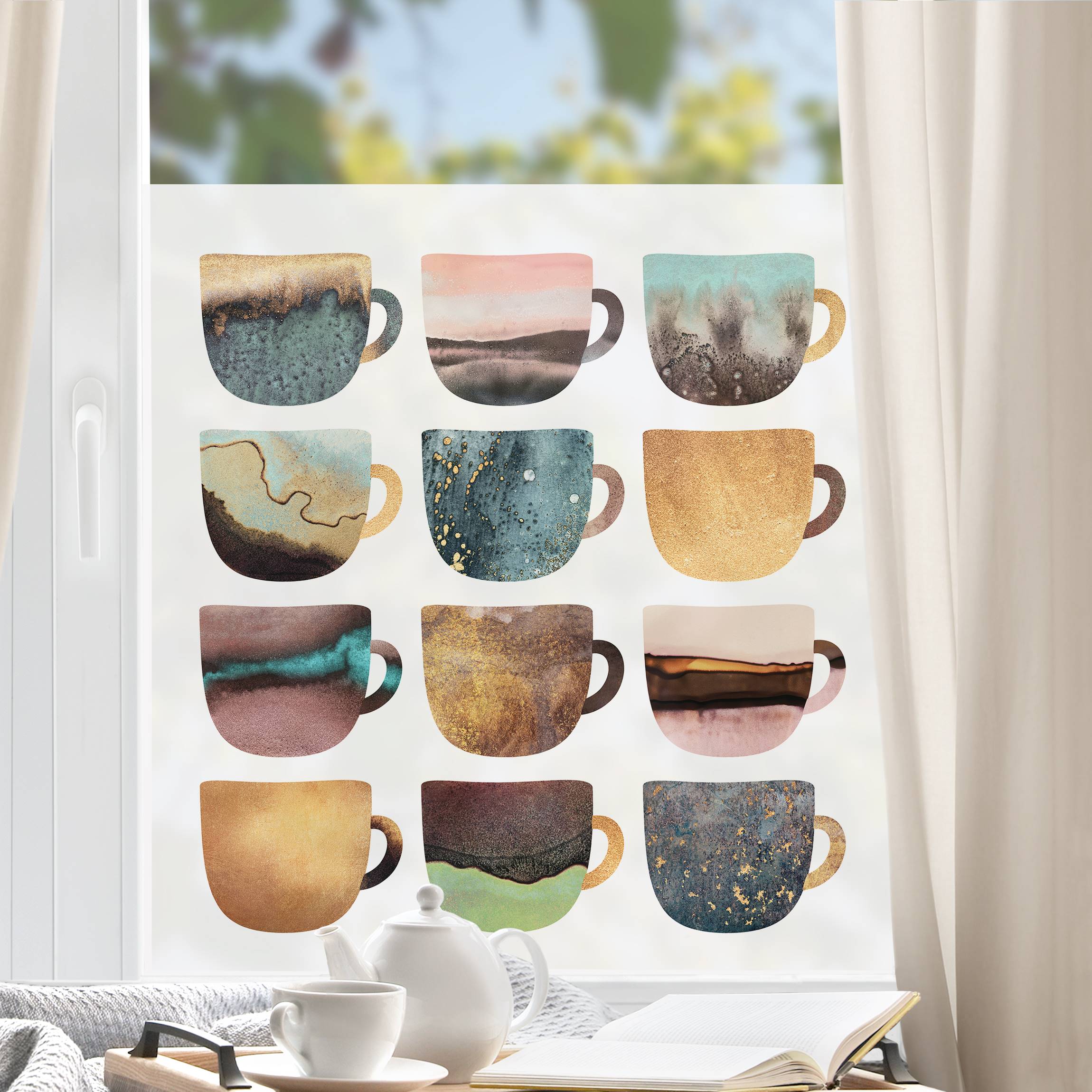 Fensterfolie Bunte Kaffeetassen mit Gold