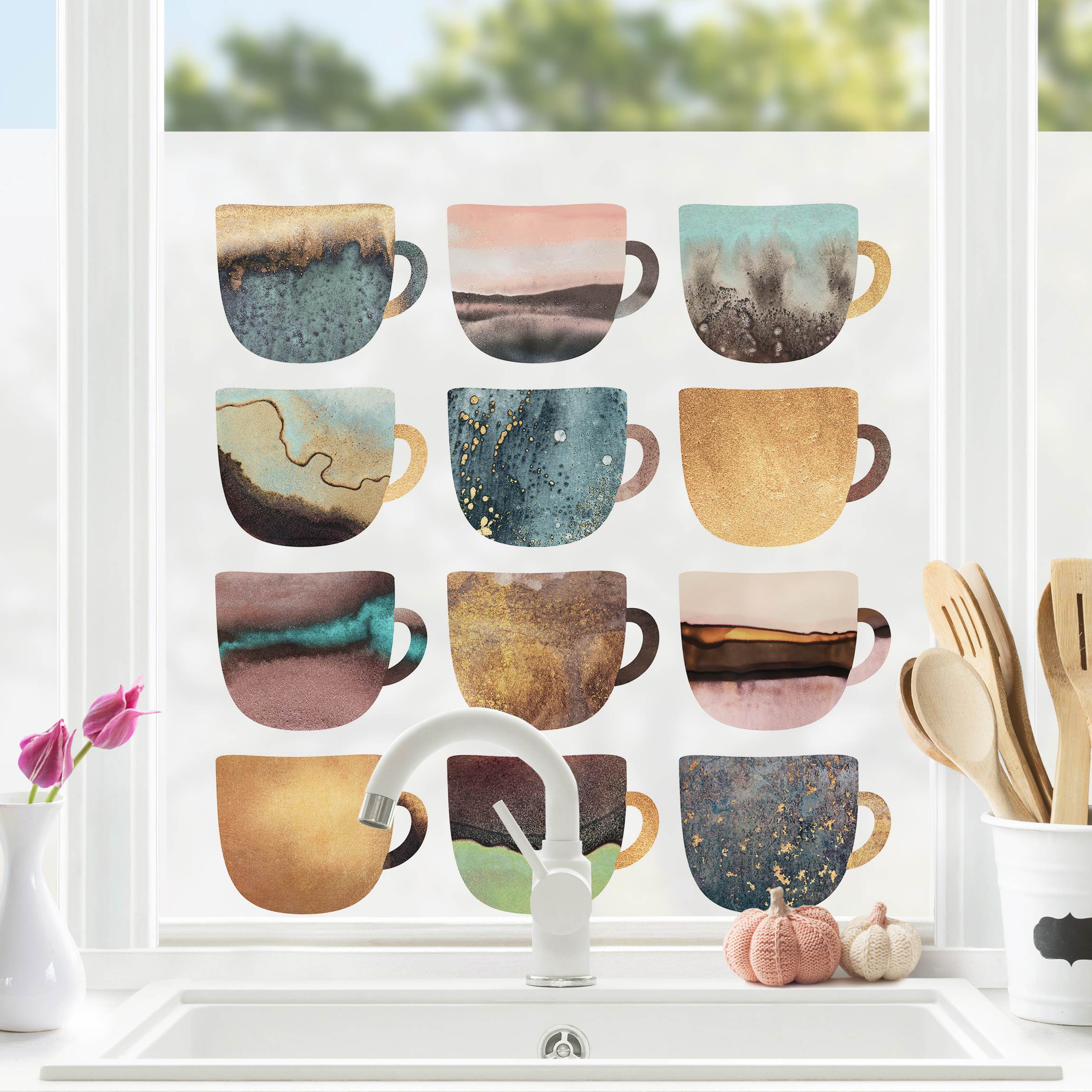 Fensterfolie Bunte Kaffeetassen mit Gold