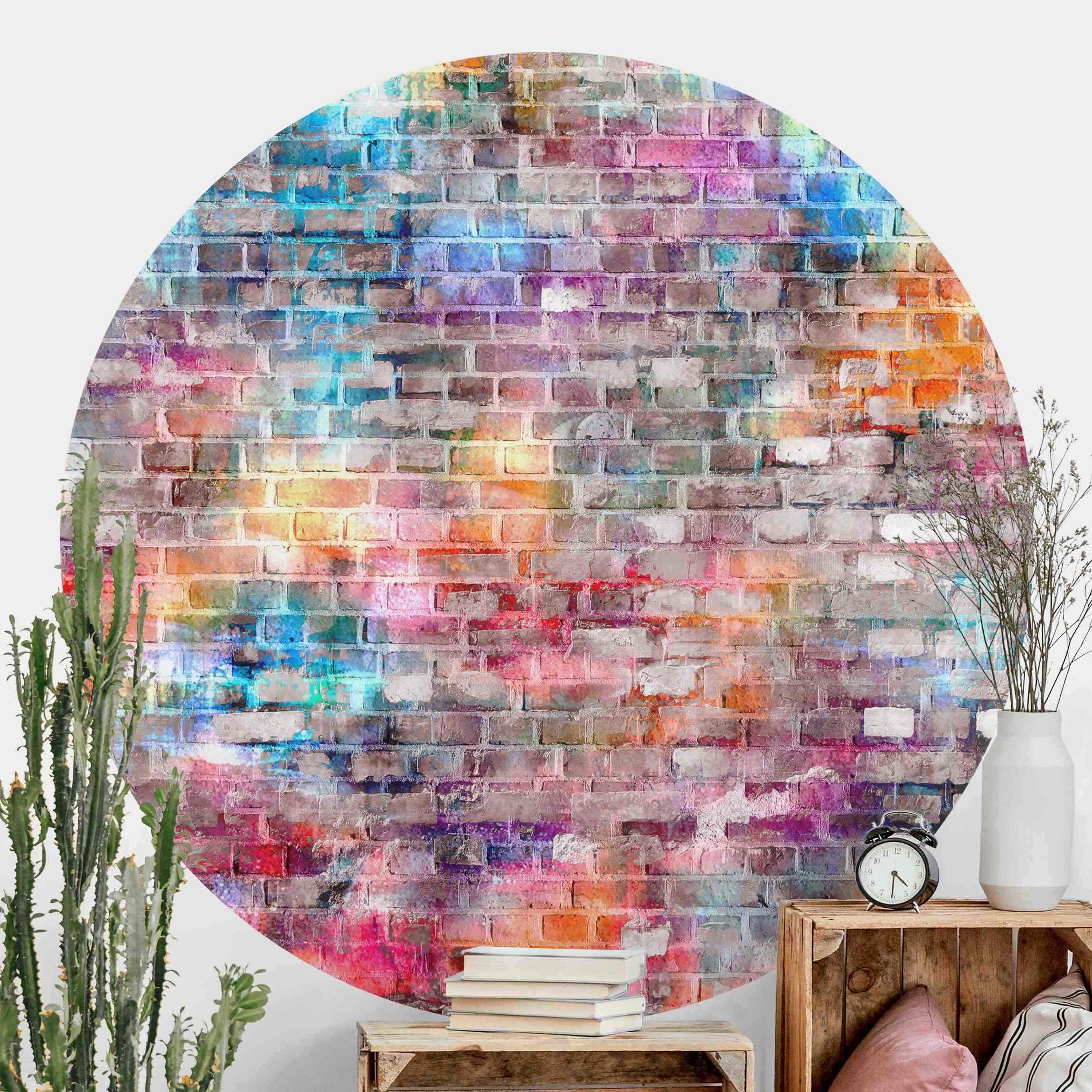 Runde Tapete selbstklebend Bunte Shabby Backsteinwand