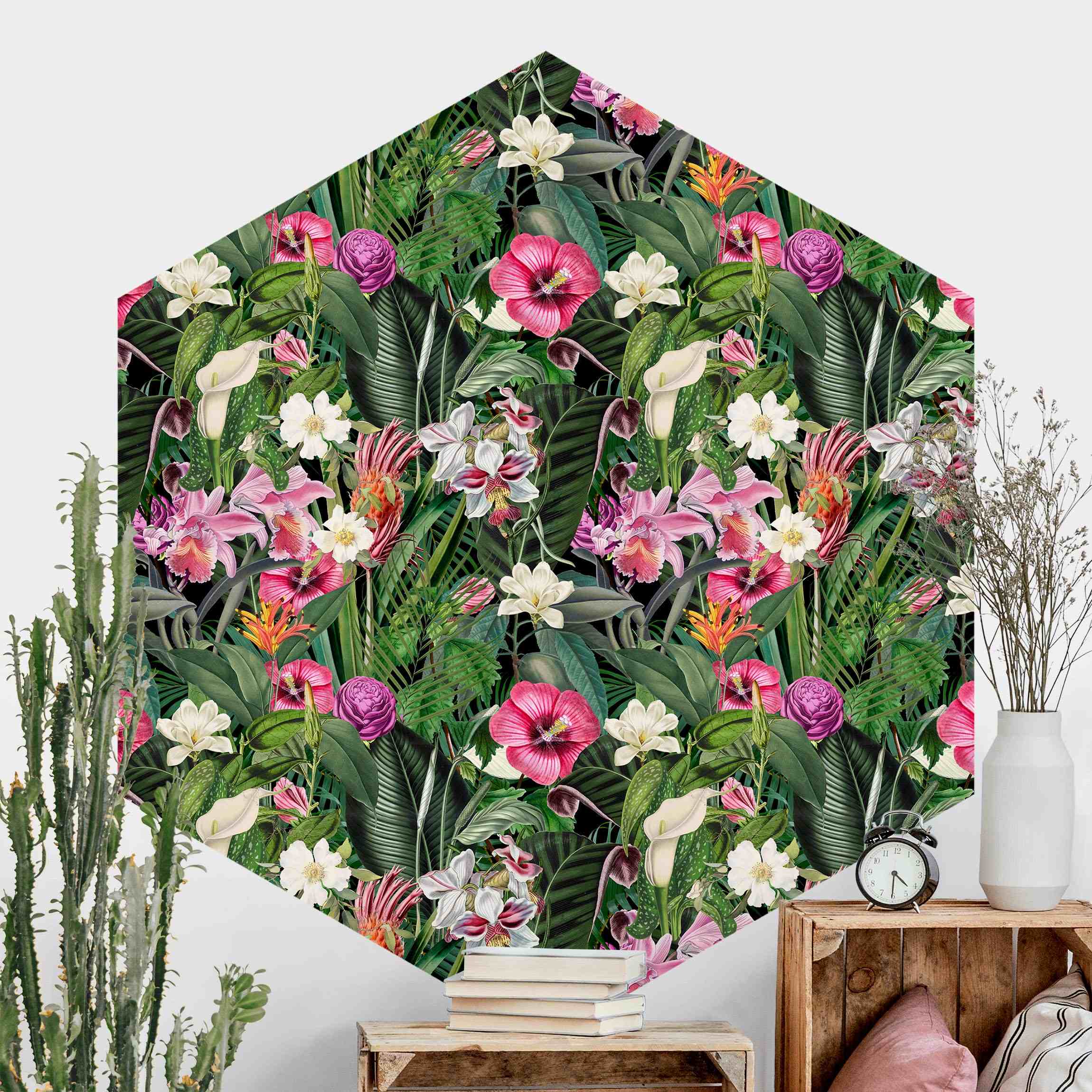 Hexagon Mustertapete selbstklebend Bunte tropische Blumen Collage