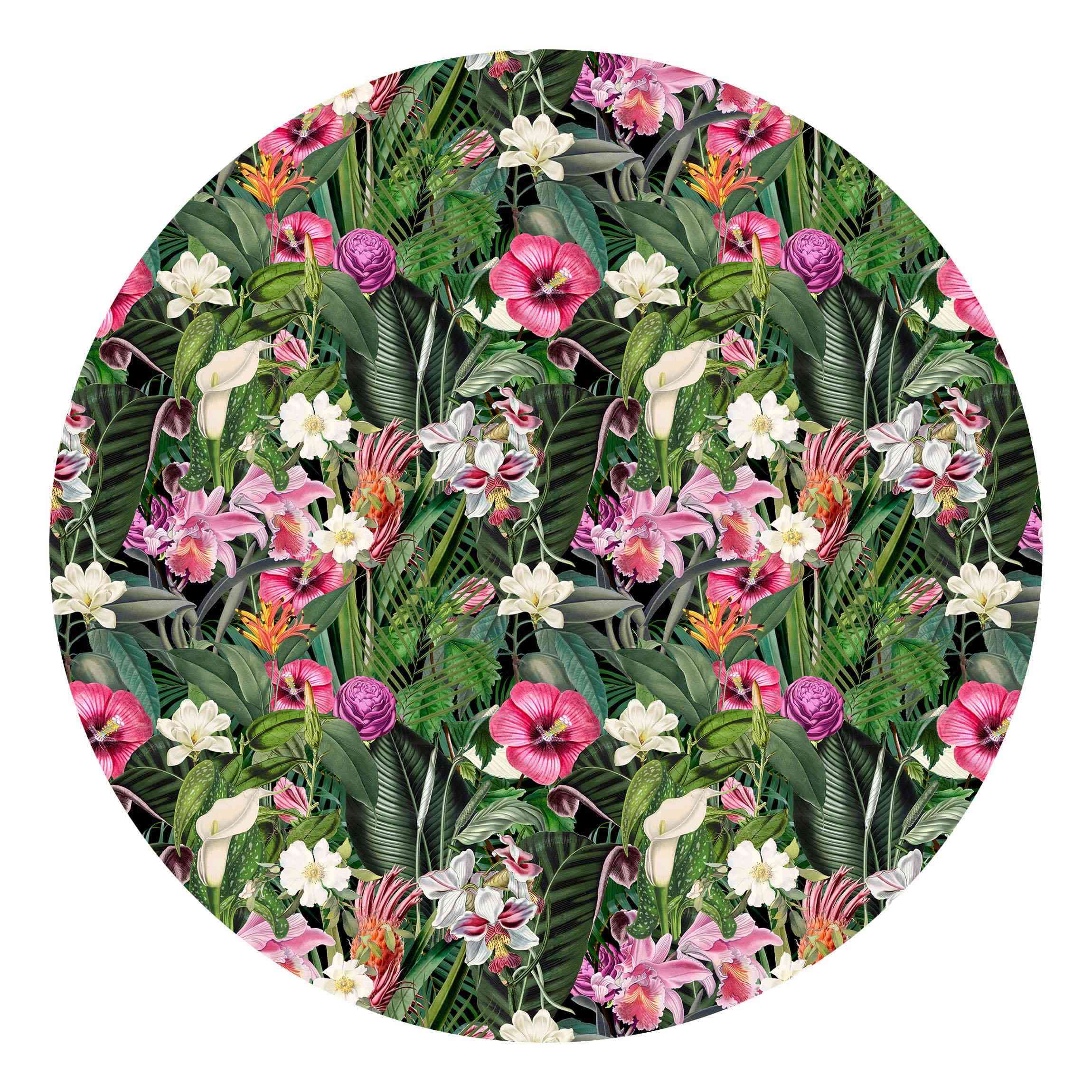 Runde Fototapete Bunte tropische Blumen Collage