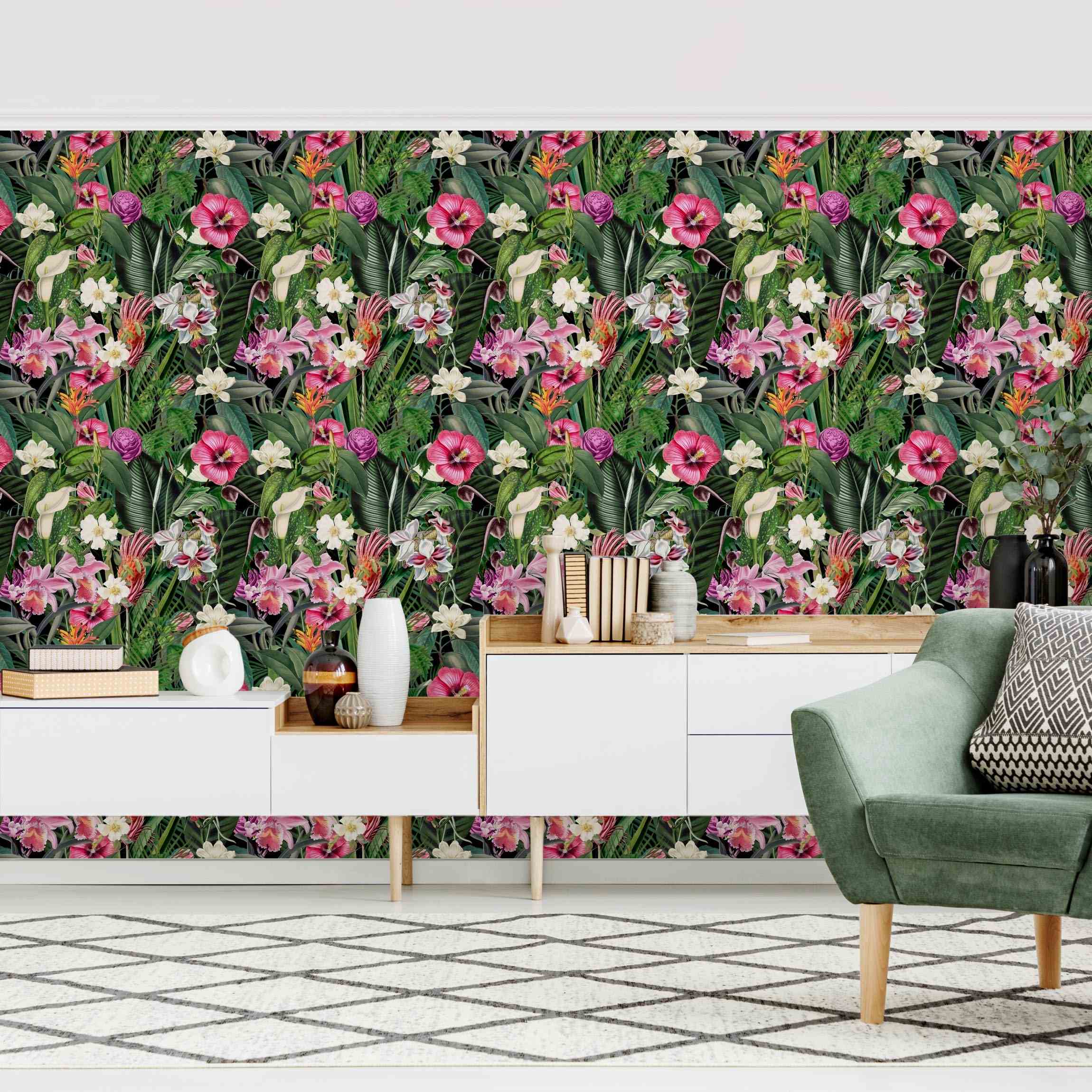 Mustertapete Bunte tropische Blumen Collage