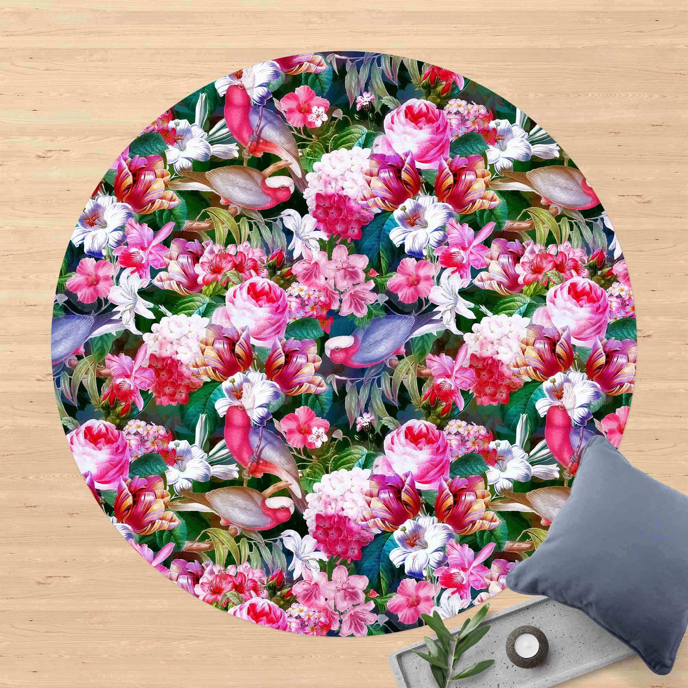 Runder Vinyl-Teppich Bunte Tropische Blumen mit Vögeln Pink