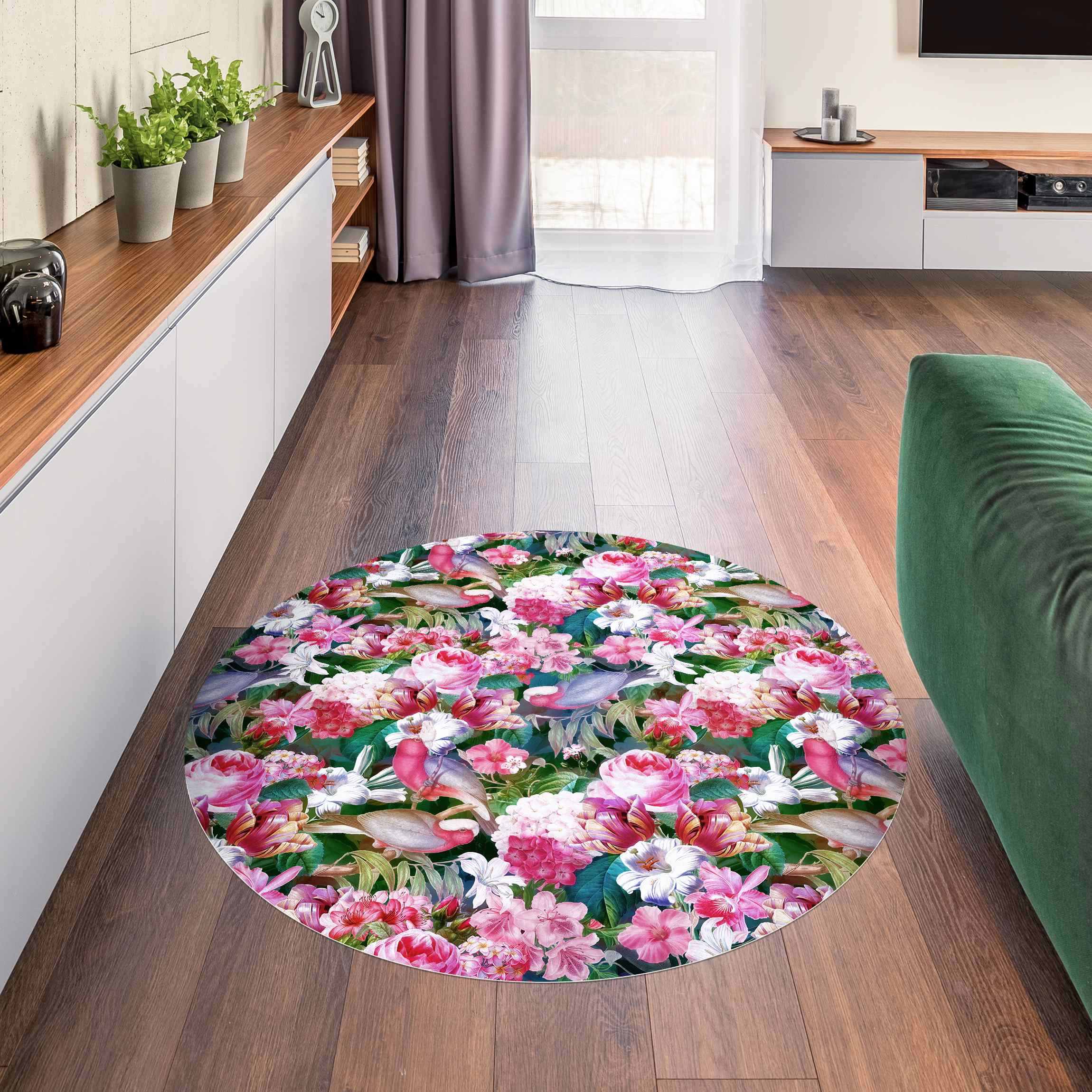 Runder Vinyl-Teppich Bunte Tropische Blumen mit Vögeln Pink