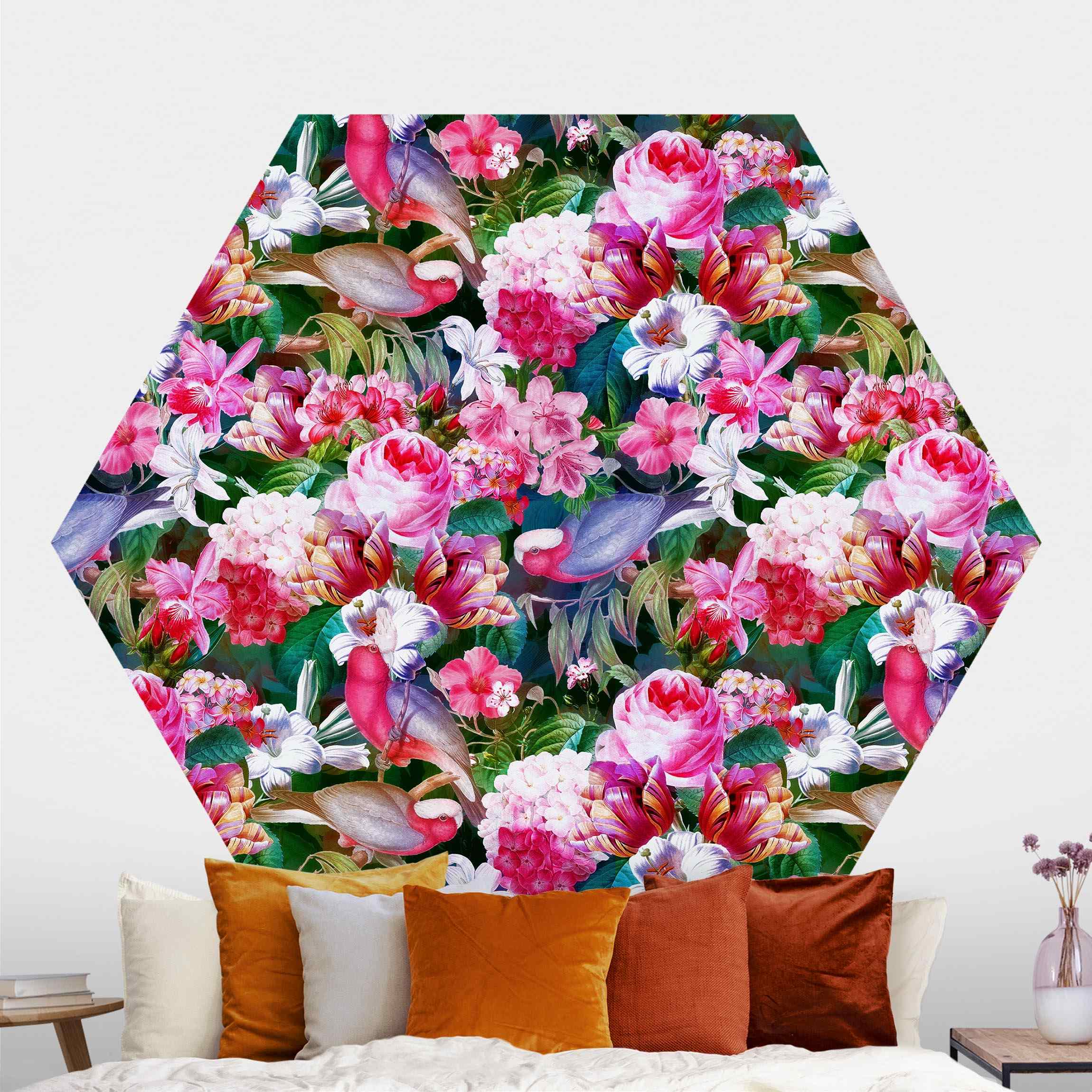 Hexagon Mustertapete Bunte Tropische Blumen mit Vögeln Pink