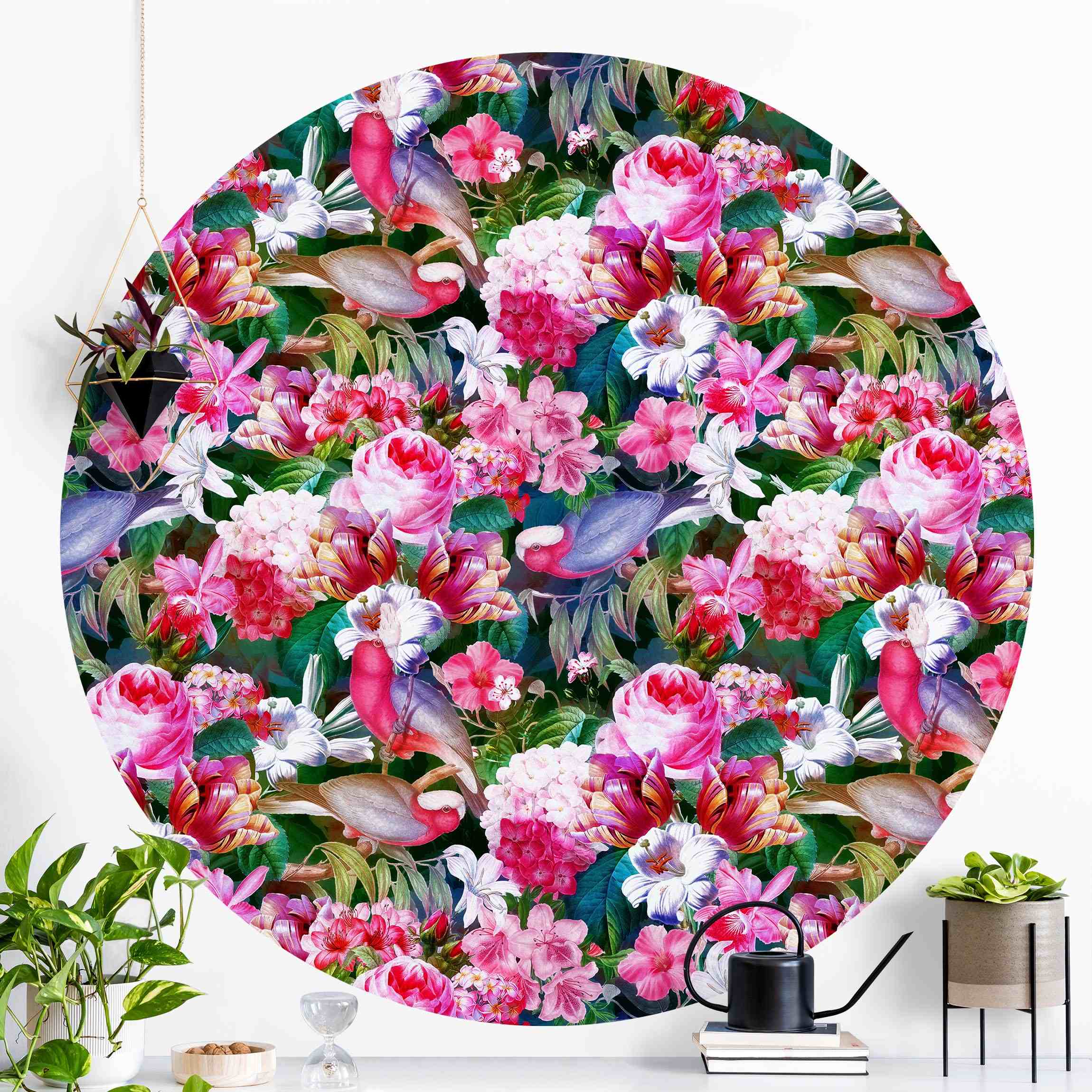 Runde Mustertapete Bunte Tropische Blumen mit Vögeln Pink