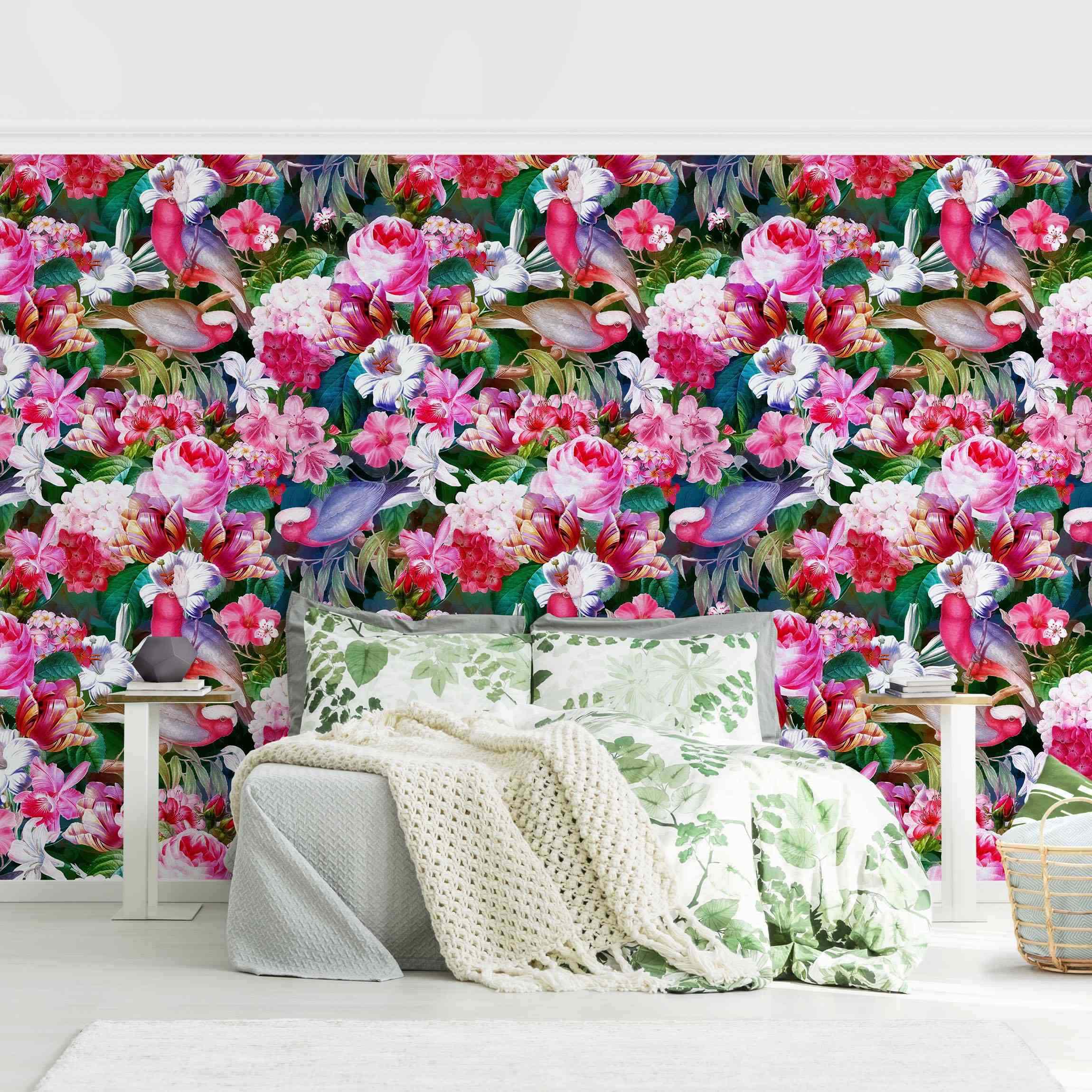 Mustertapete Bunte Tropische Blumen mit Vögeln Pink