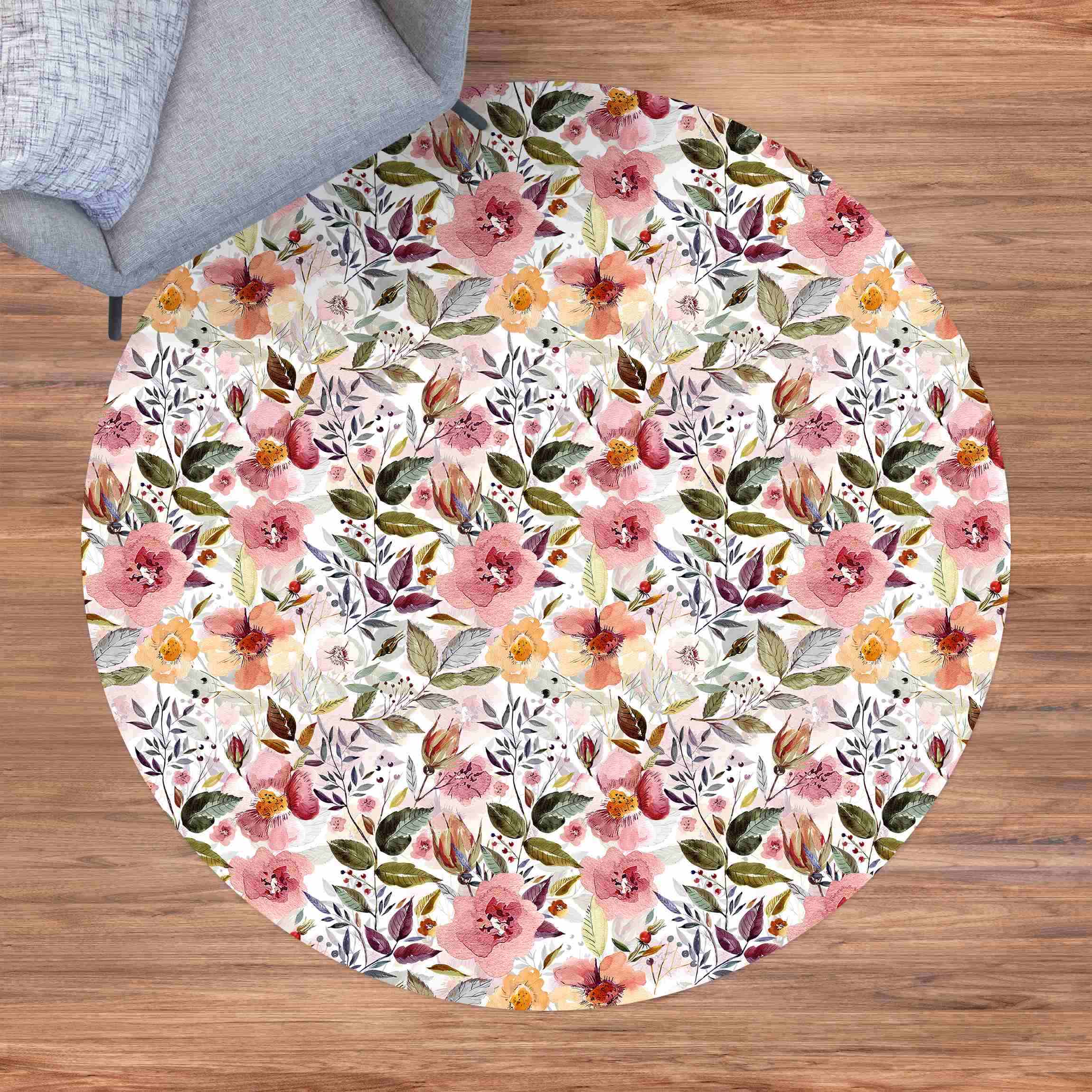 Runder Vinyl-Teppich Bunter Blumenmix mit Aquarell
