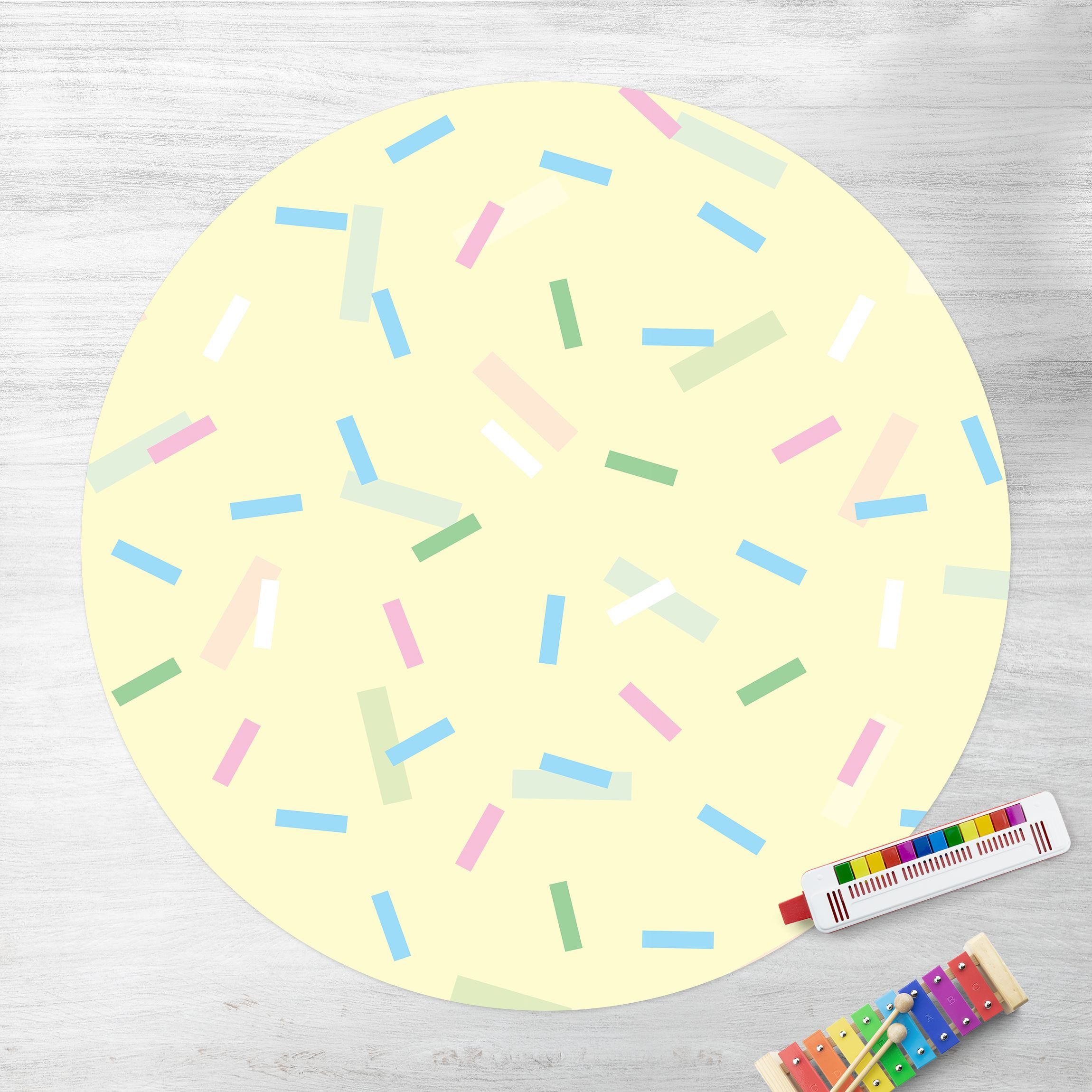 Runder Vinyl-Teppich Buntes Konfetti aus Pastellstreifen