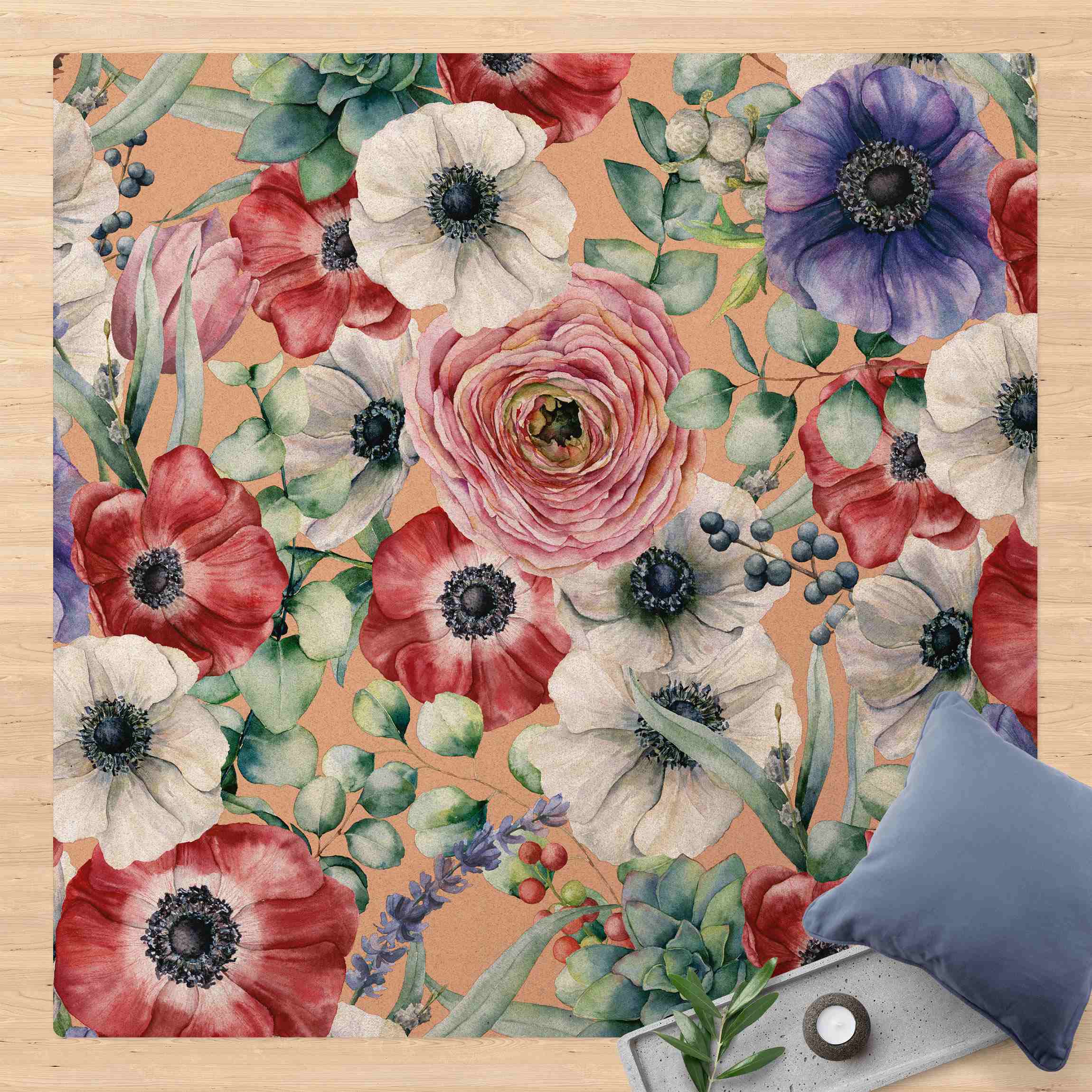 Kork-Teppich Buntes Mohnblumengeflecht Aquarell