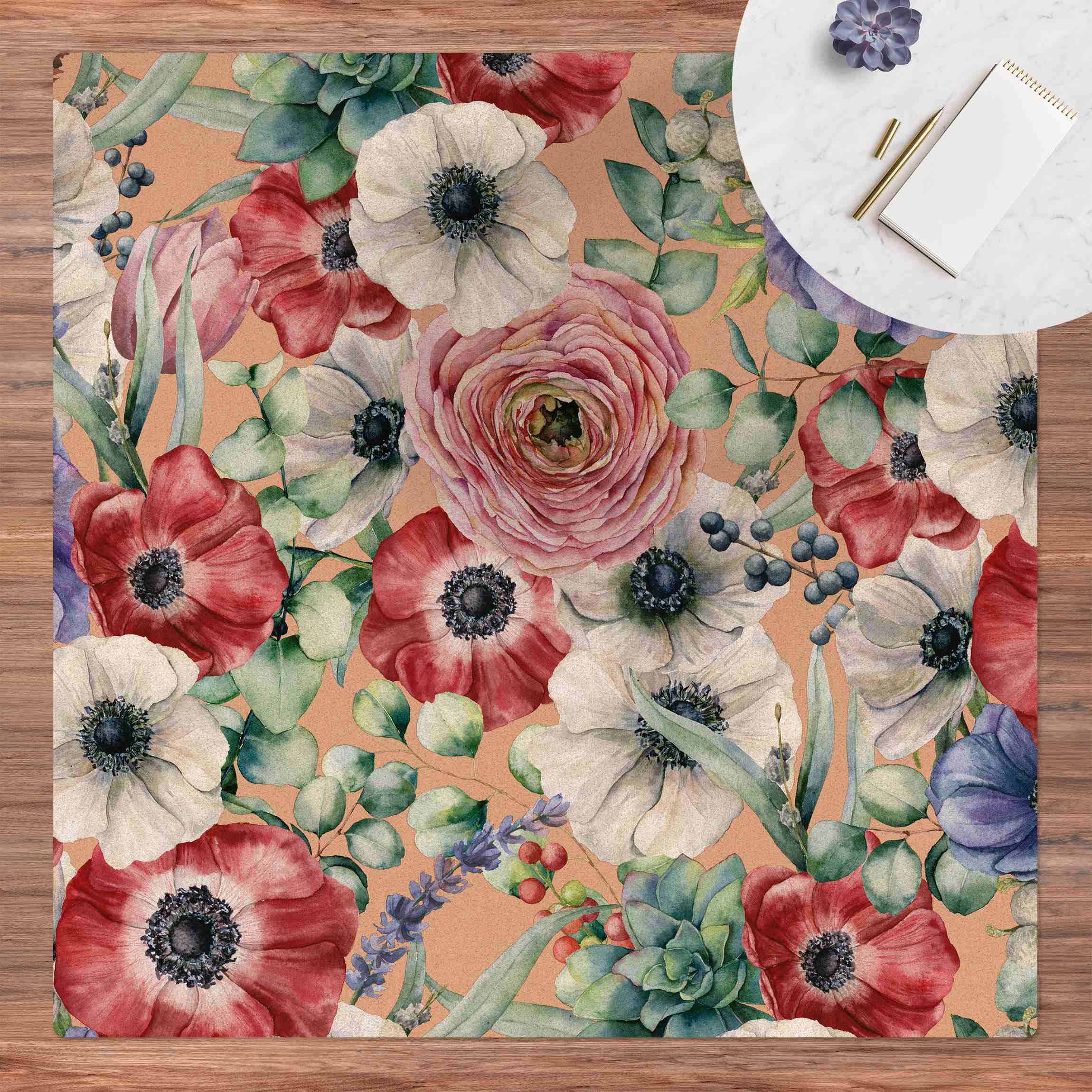 Kork-Teppich Buntes Mohnblumengeflecht Aquarell