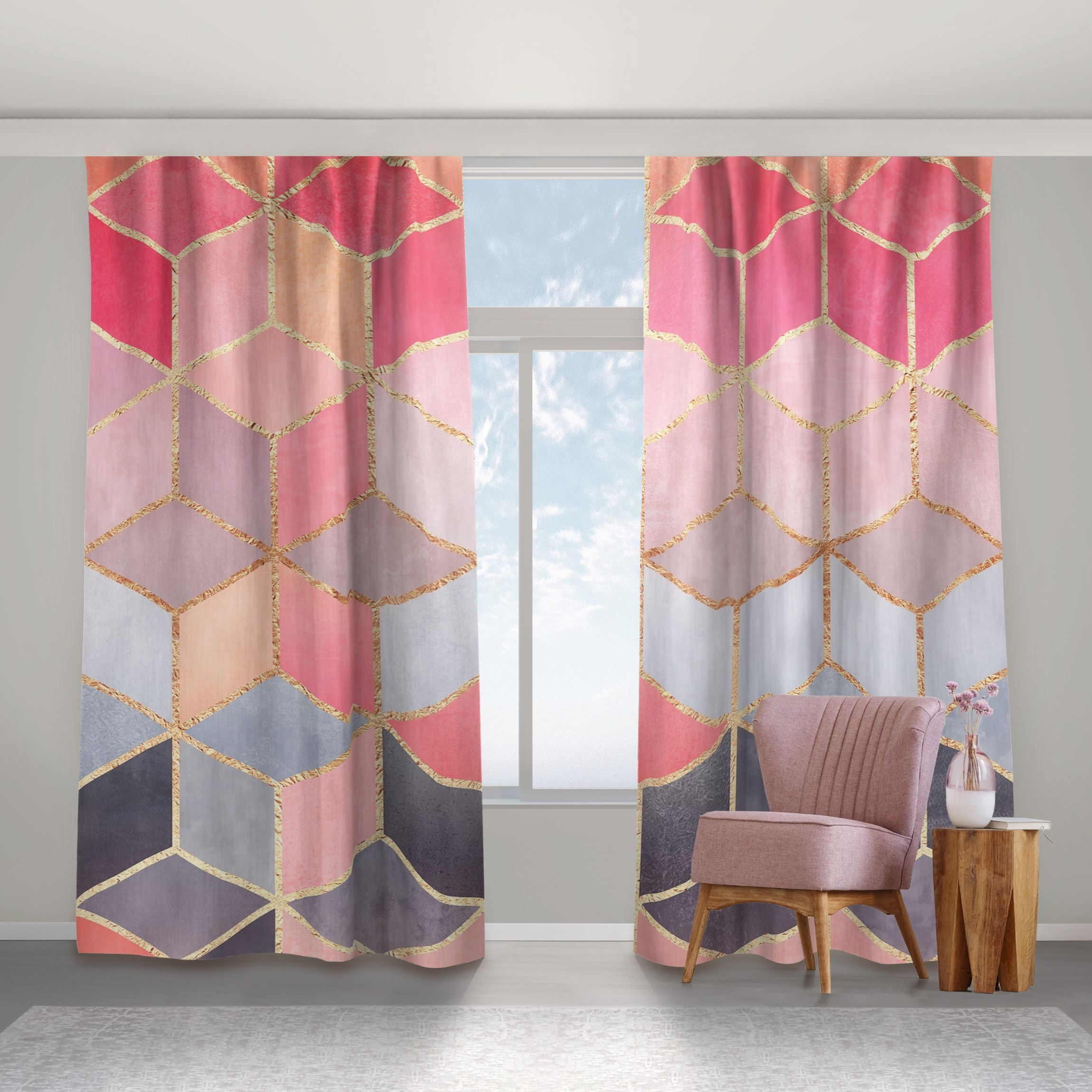 Vorhang Buntes Pastell goldene Geometrie