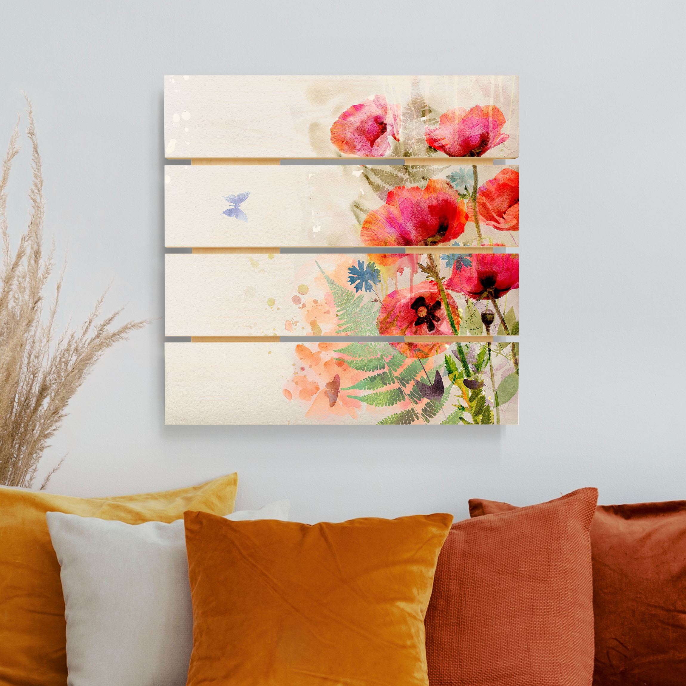 Holzbild Plankenoptik - Quadrat Aquarell Blumen Mohn
