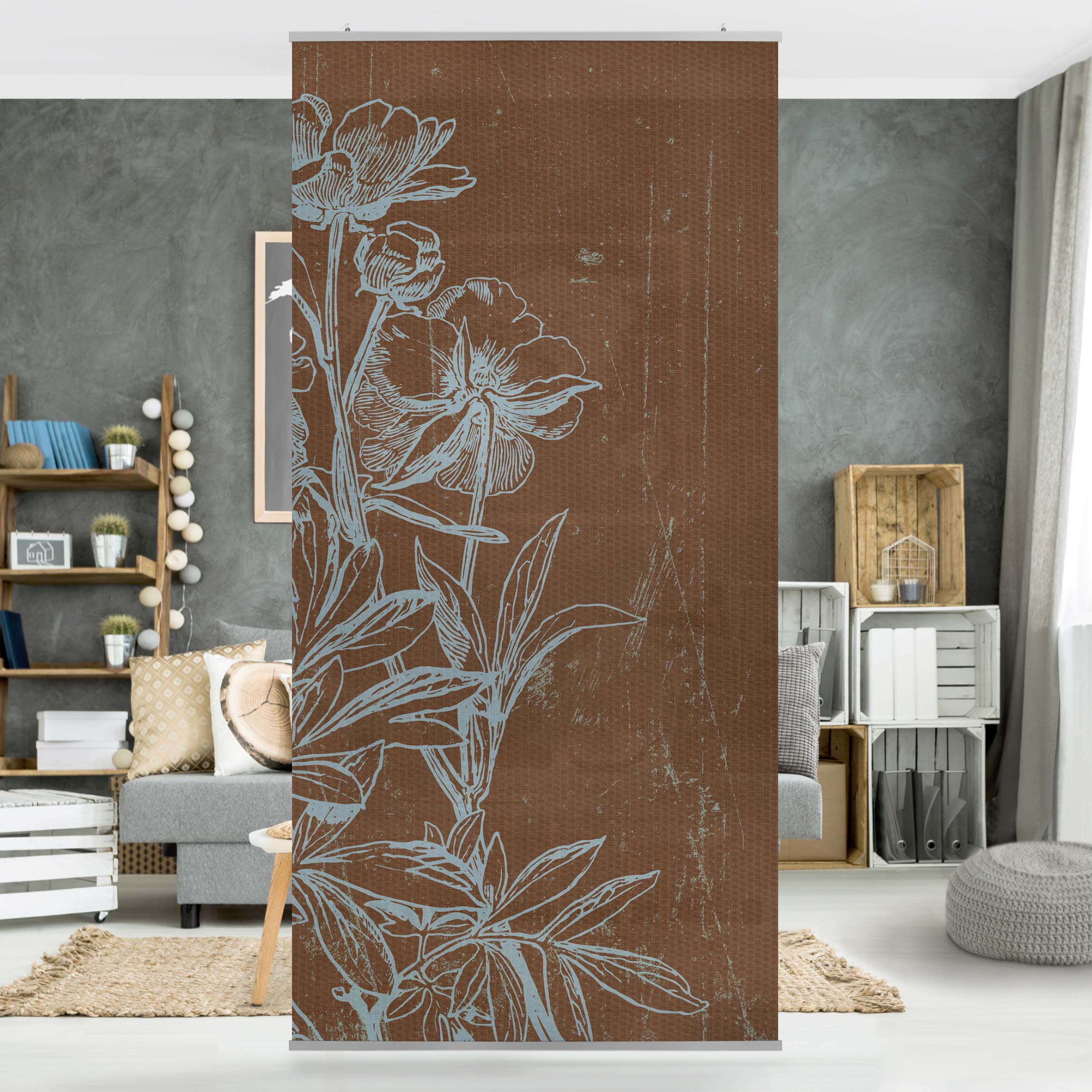 Raumteiler Blaue Blumenskizze