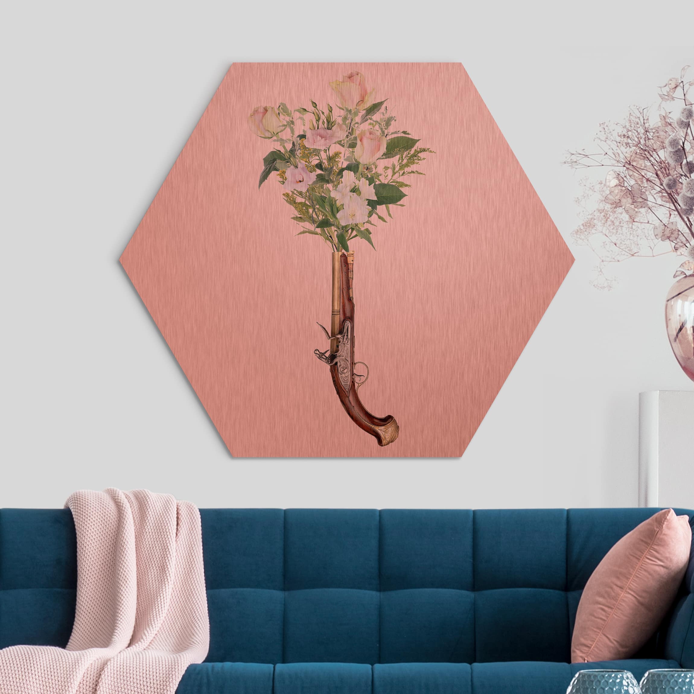 Hexagon-Alu-Dibond Bild Pistole mit Blumen
