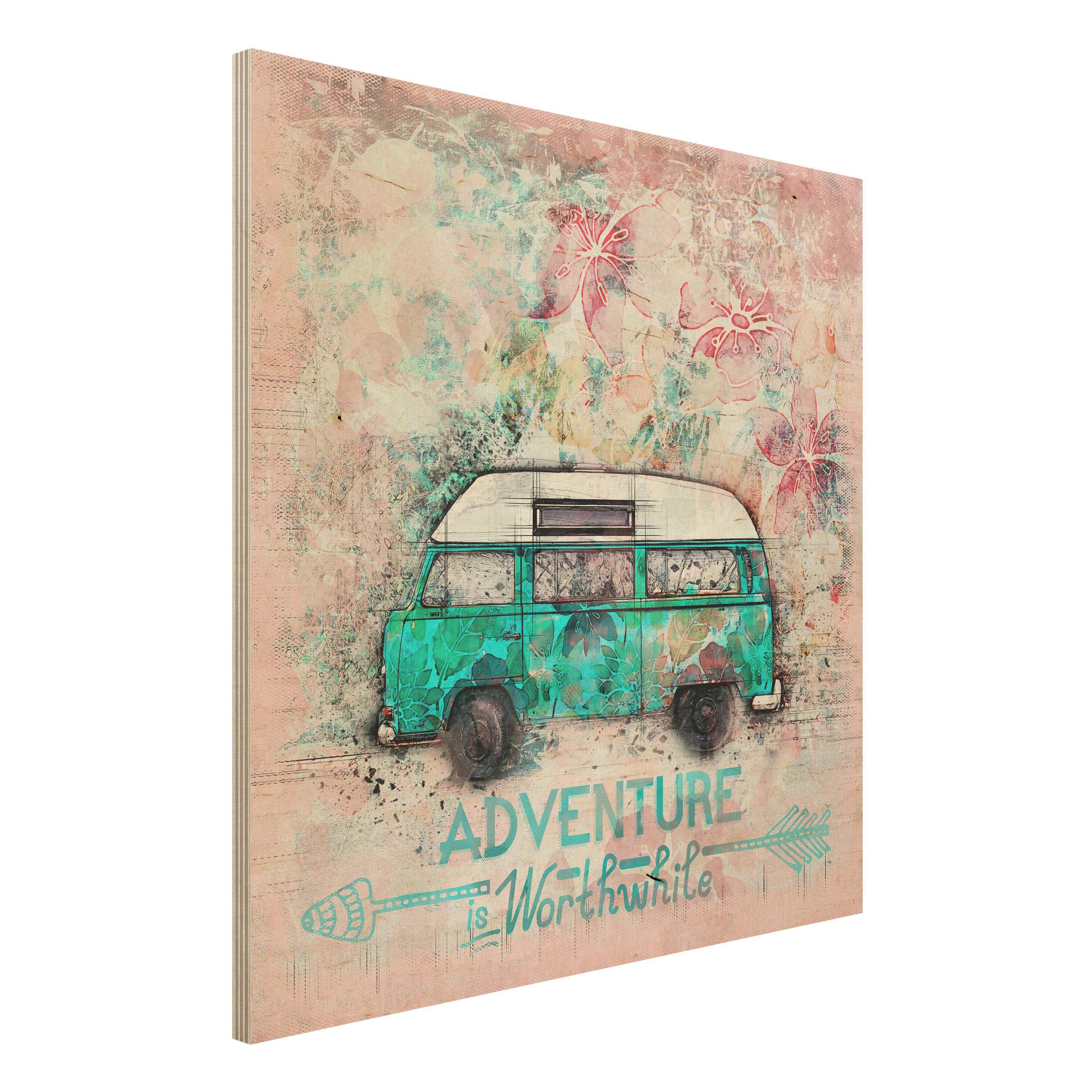 Holzbild Bulli Adventure Collage Pastell