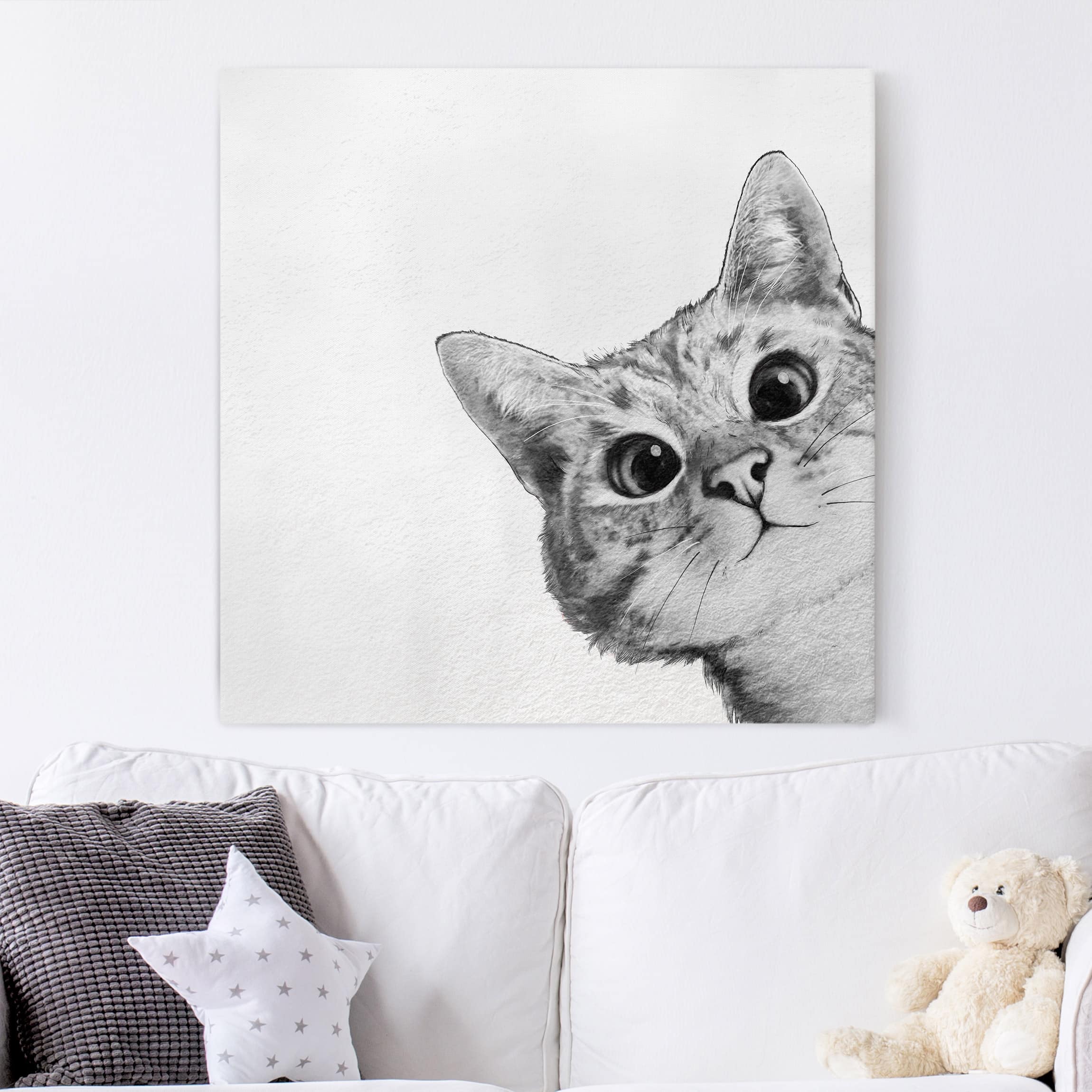 Leinwandbild - Quadrat Illustration Katze Zeichnung Schwarz Weiß