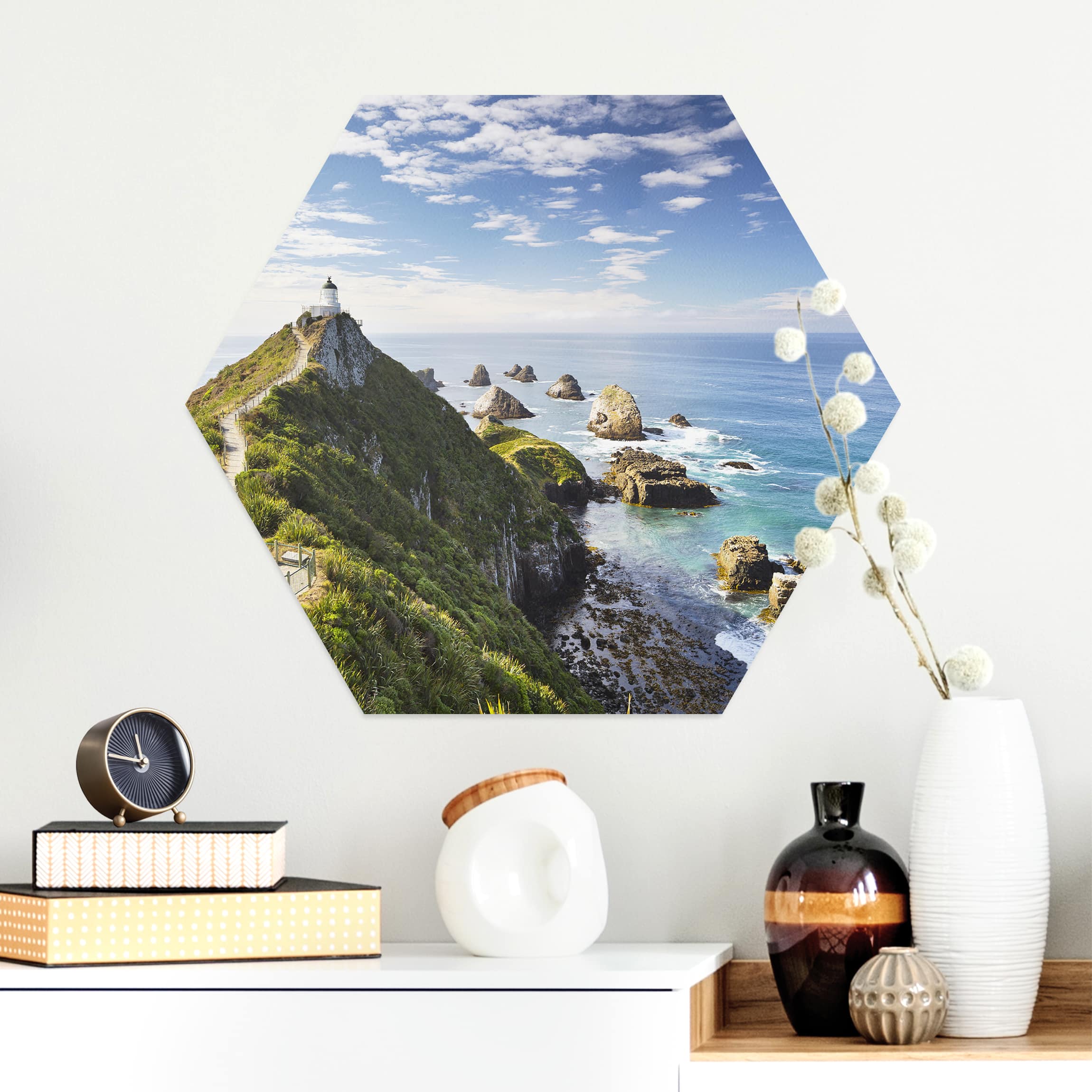 Hexagon-Alu-Dibond Bild Nugget Point Leuchtturm und Meer Neuseeland