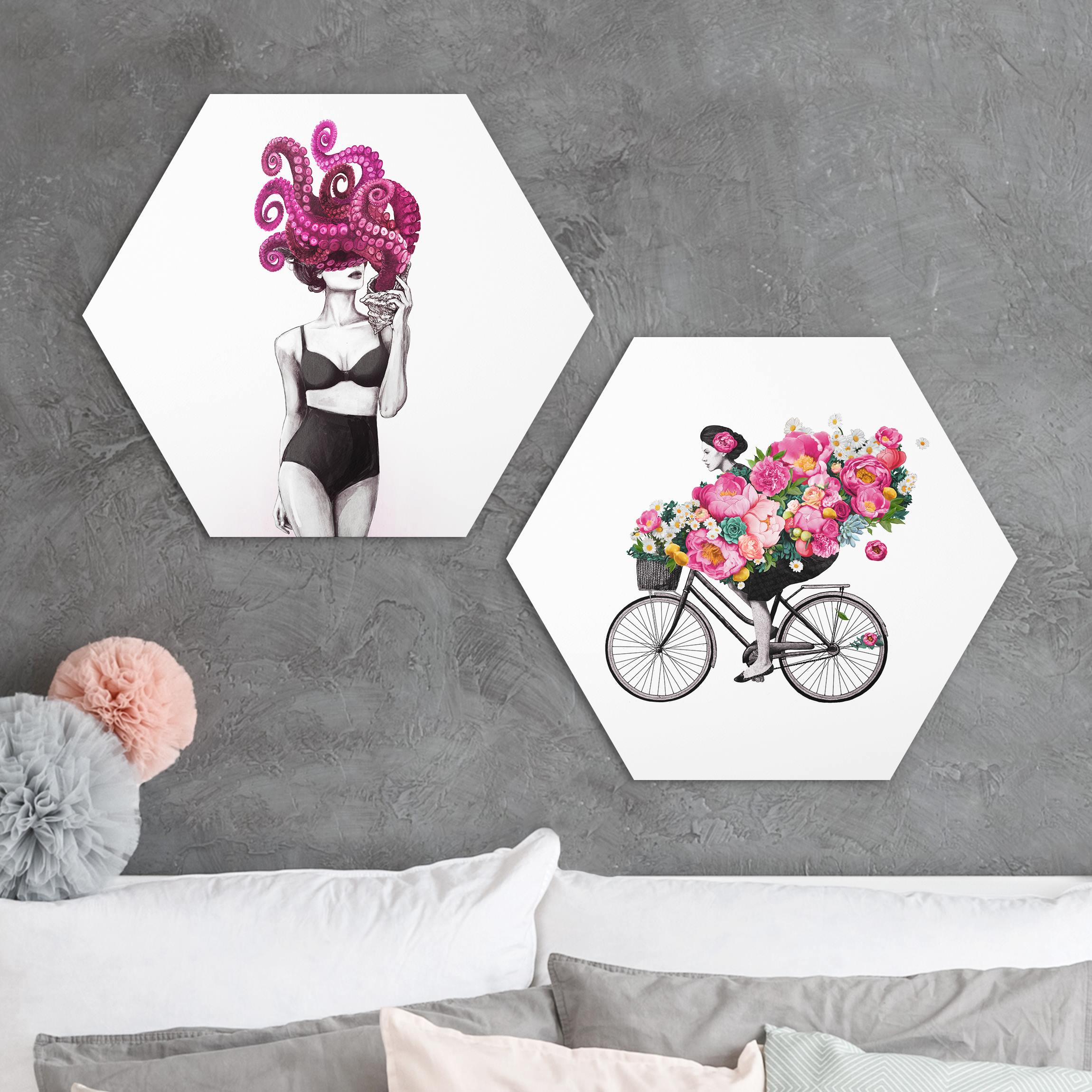 2-teiliges Hexagon-Forexbild Frauen Zeichnungen - Floraler Ozean
